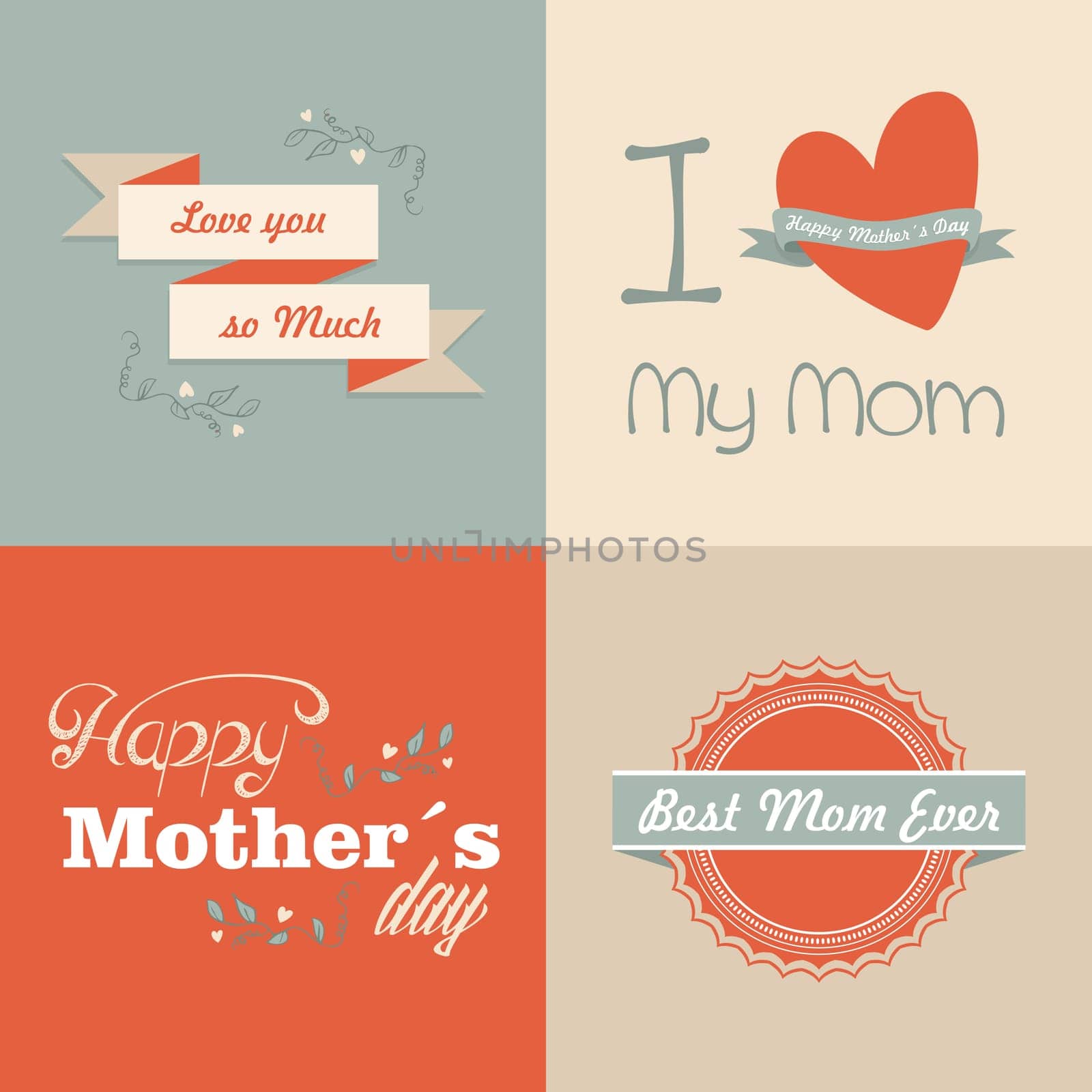 Happy mothers day set cards vintage retro type font. Vector illustration layered for easy manipulation and custom coloring.
