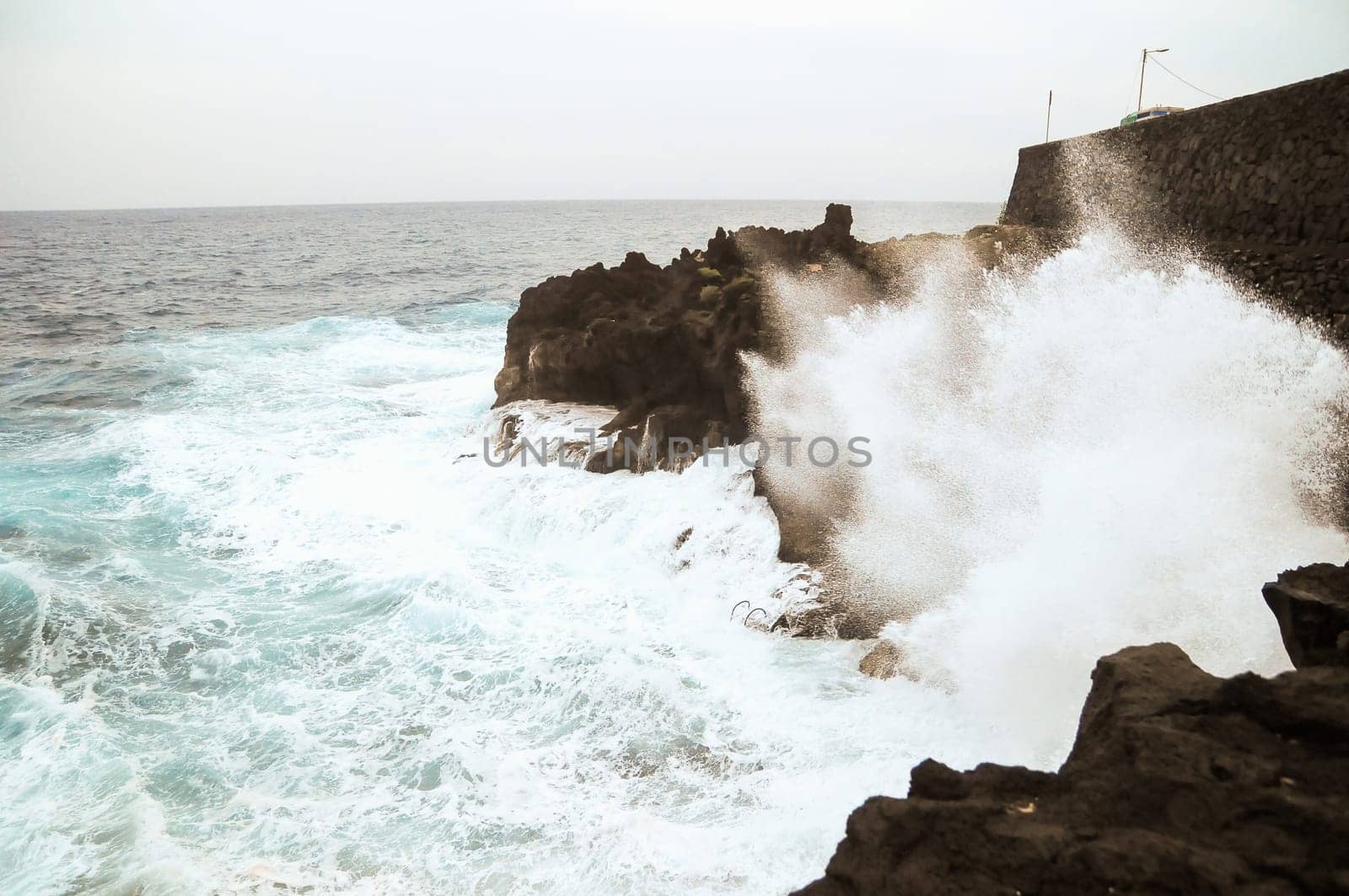 Strong Waves Crashing on the Volcanic Coast in Tenerife Canary Islands