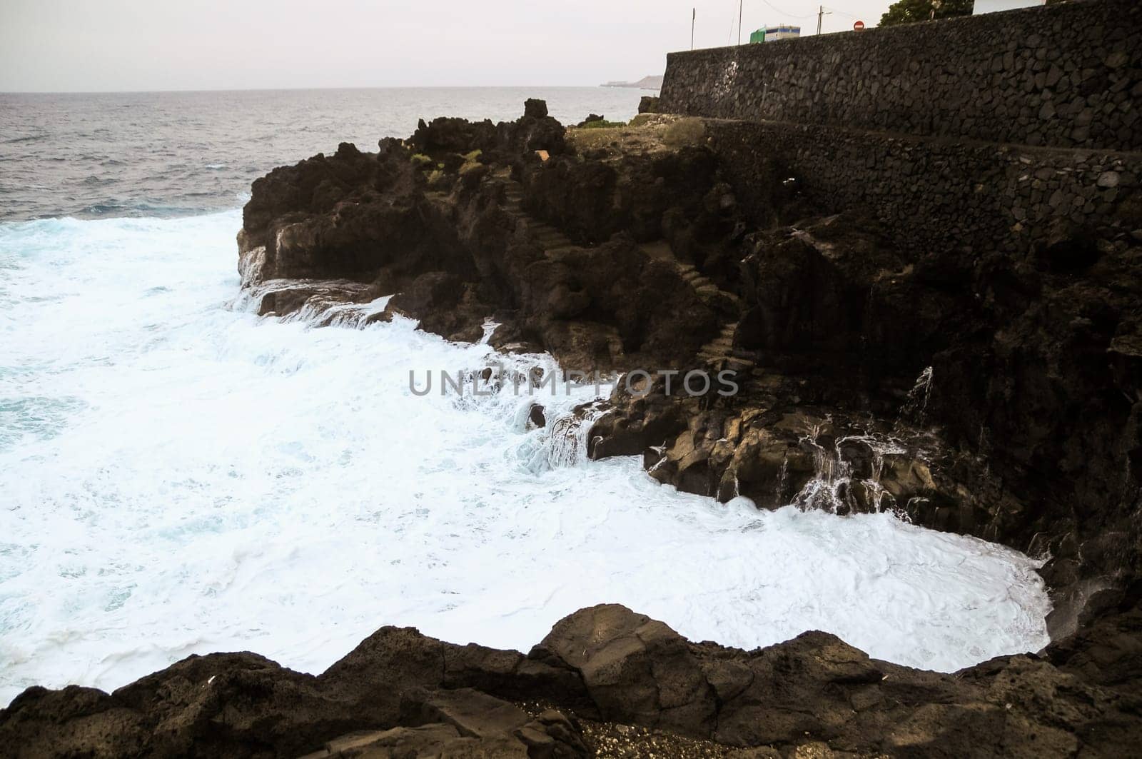 Strong Waves Crashing on the Volcanic Coast in Tenerife Canary Islands