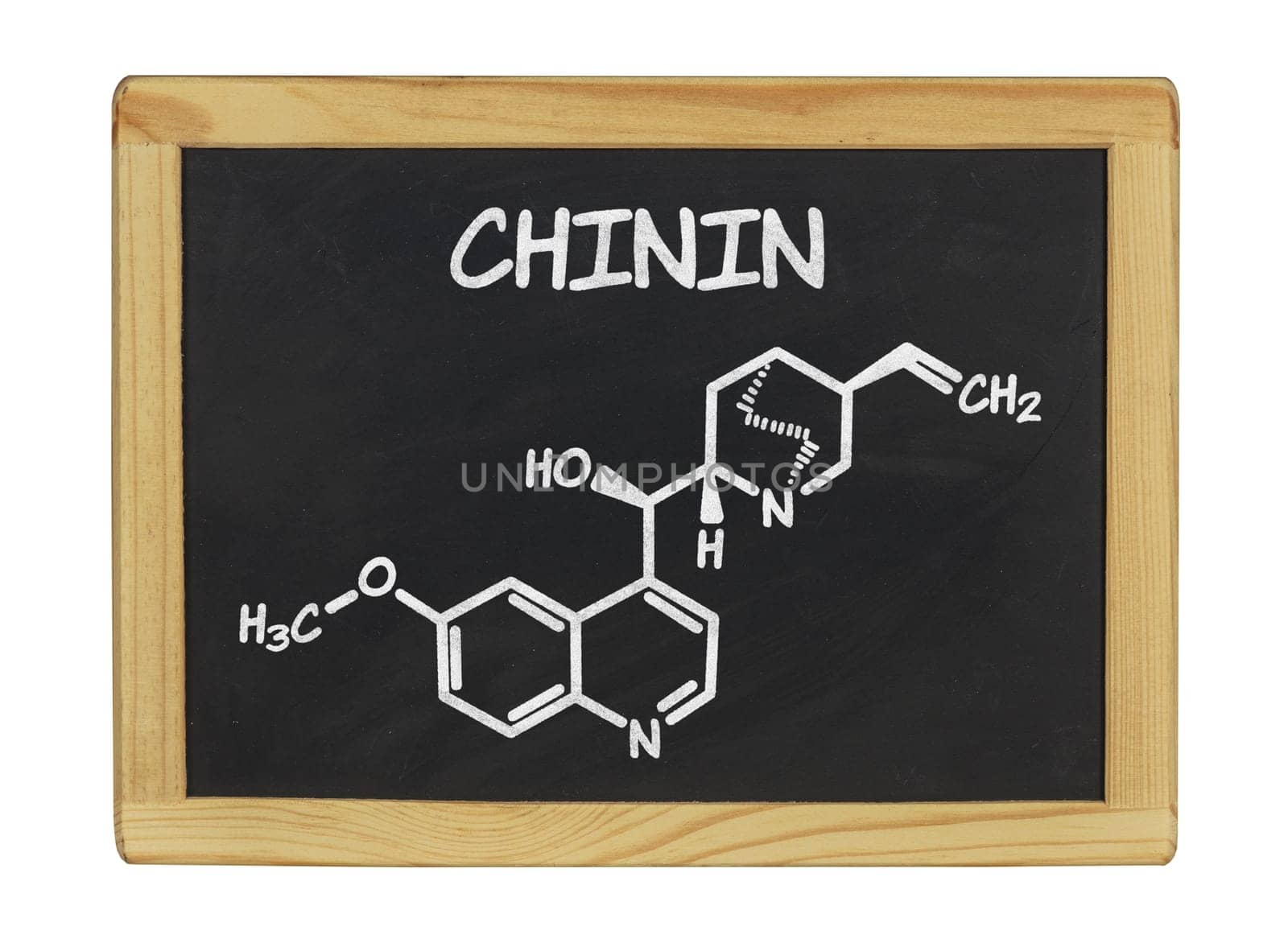 chemical structural formula of quinine on a slate board