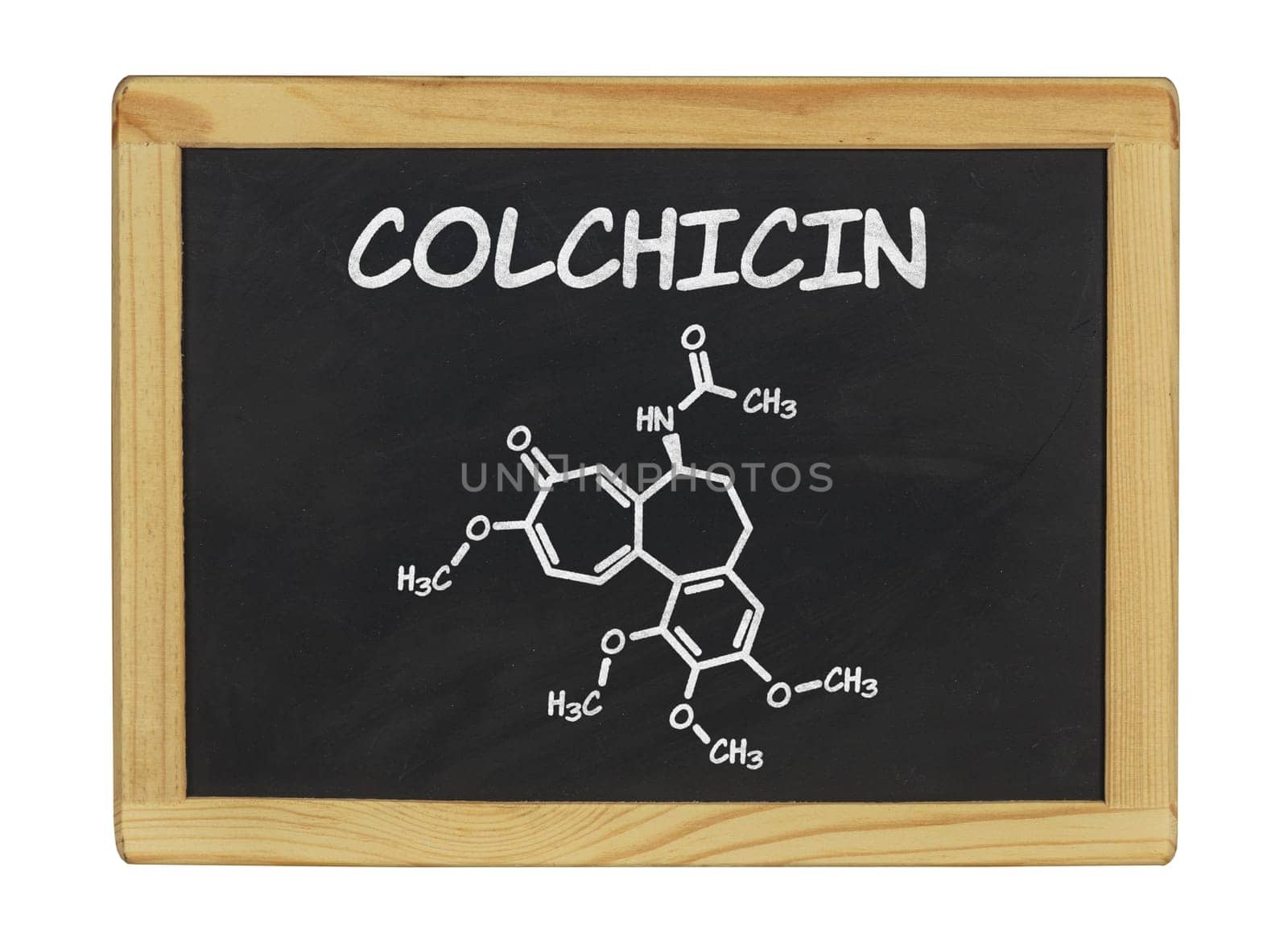 chemical structural formula of colchicine on a slate board