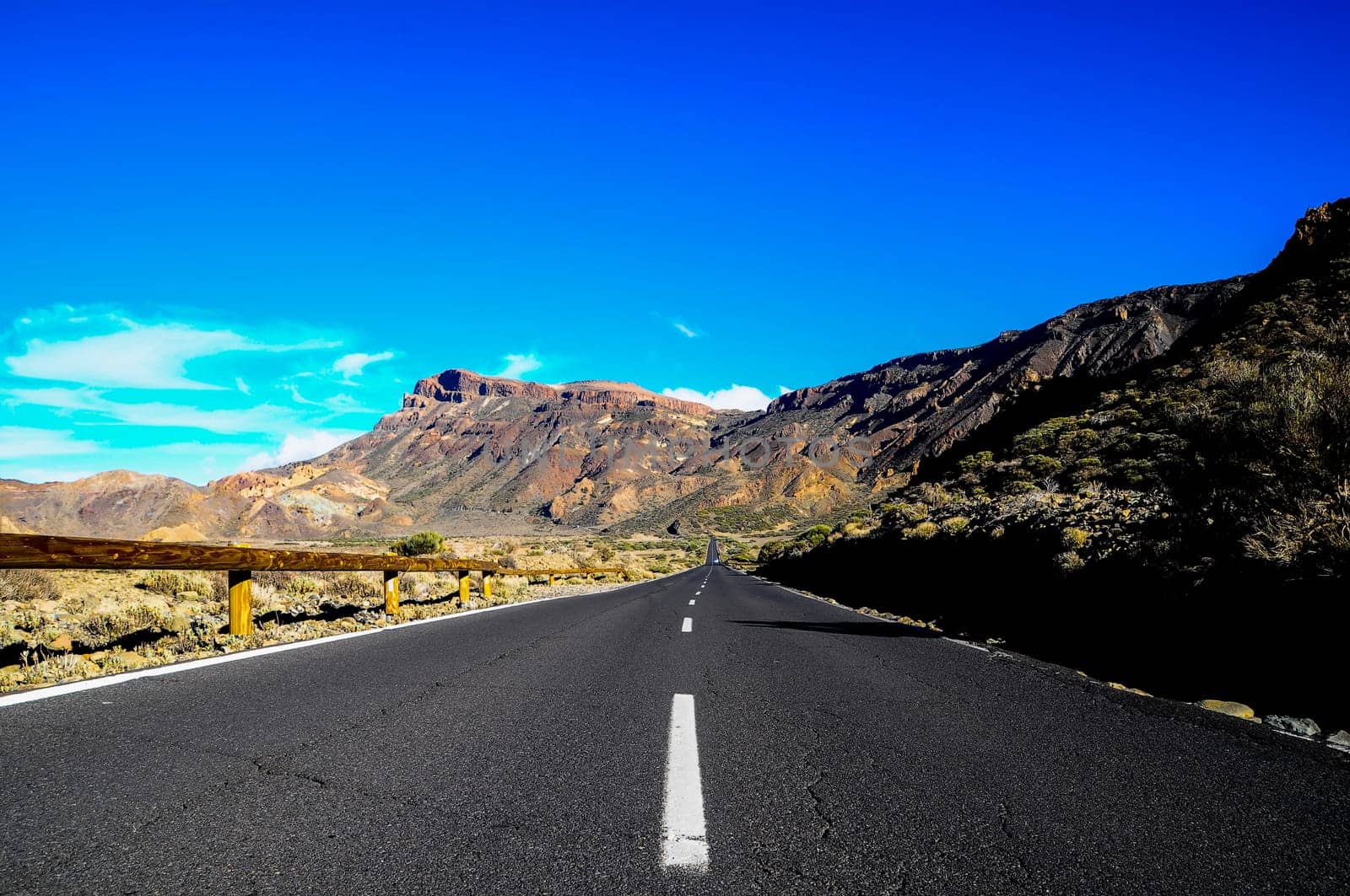 Desert Lonely Road Landscape in Volcan Teide National Park, Tenerife, Canary Island, Spain
