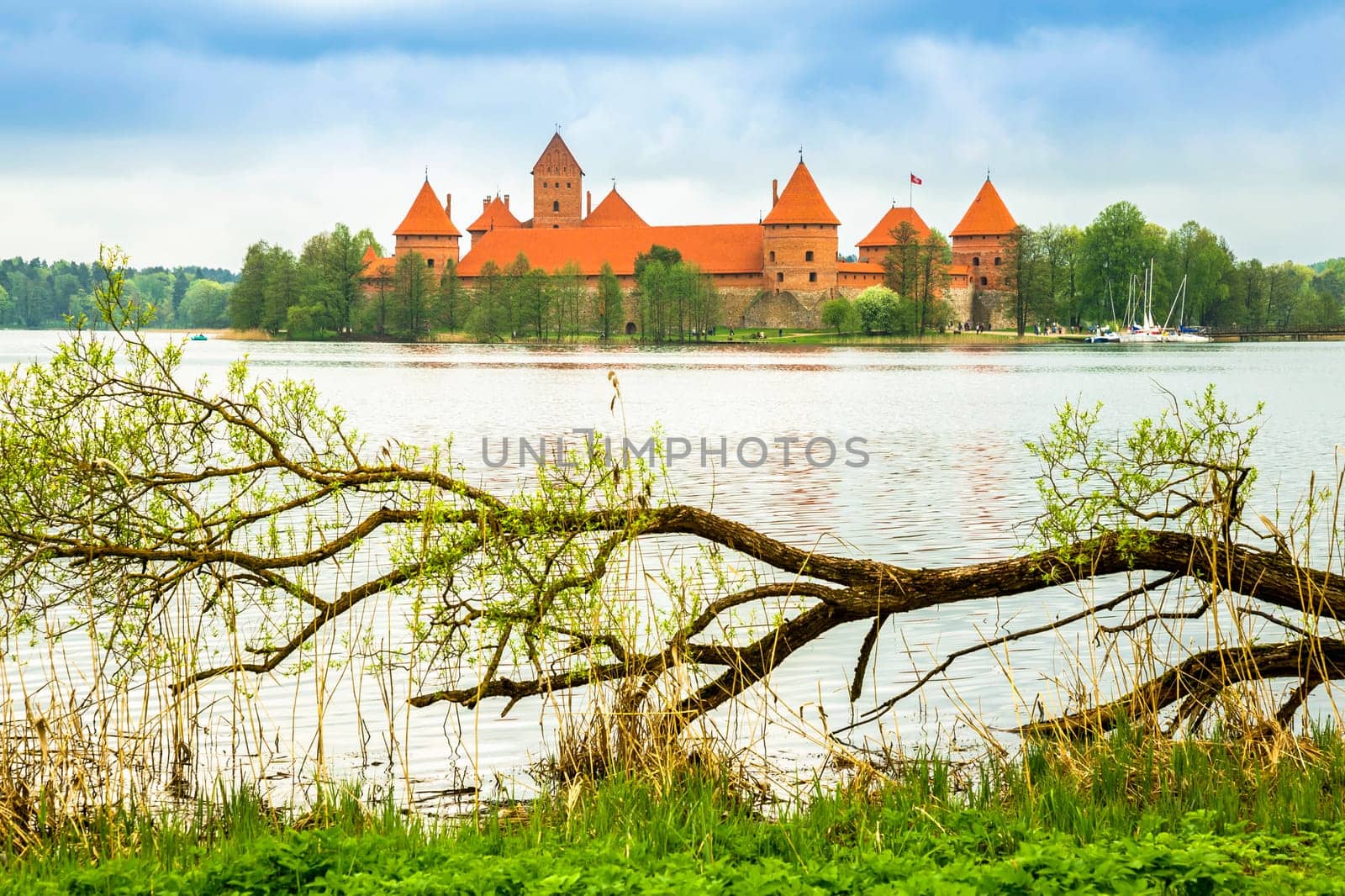 Panoramic view on Medieval old castle in Trakai, Lithuania placed on Galve lake..Island ancient castle are one of the most popular touristic destinations and cultural center in Lithuania.