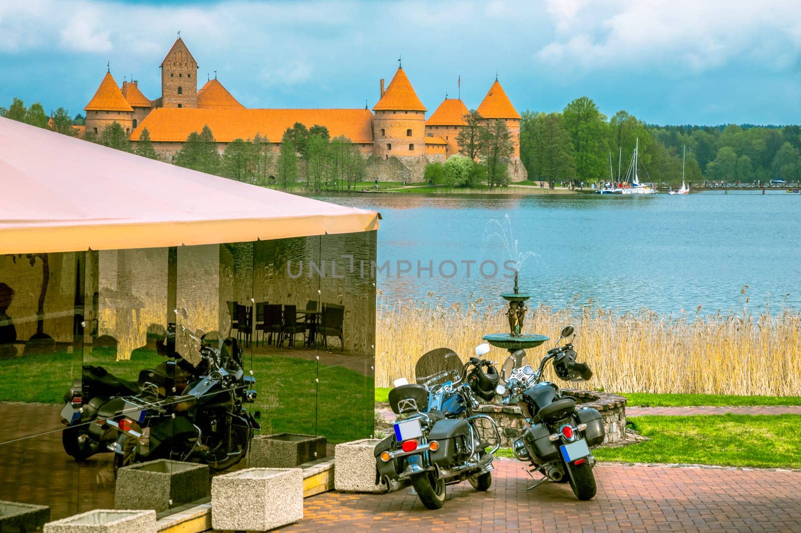 Panoramic view on Medieval old castle in Trakai, Lithuania placed on Galve lake..Island ancient castle are one of the most popular touristic destinations and cultural center in Lithuania.