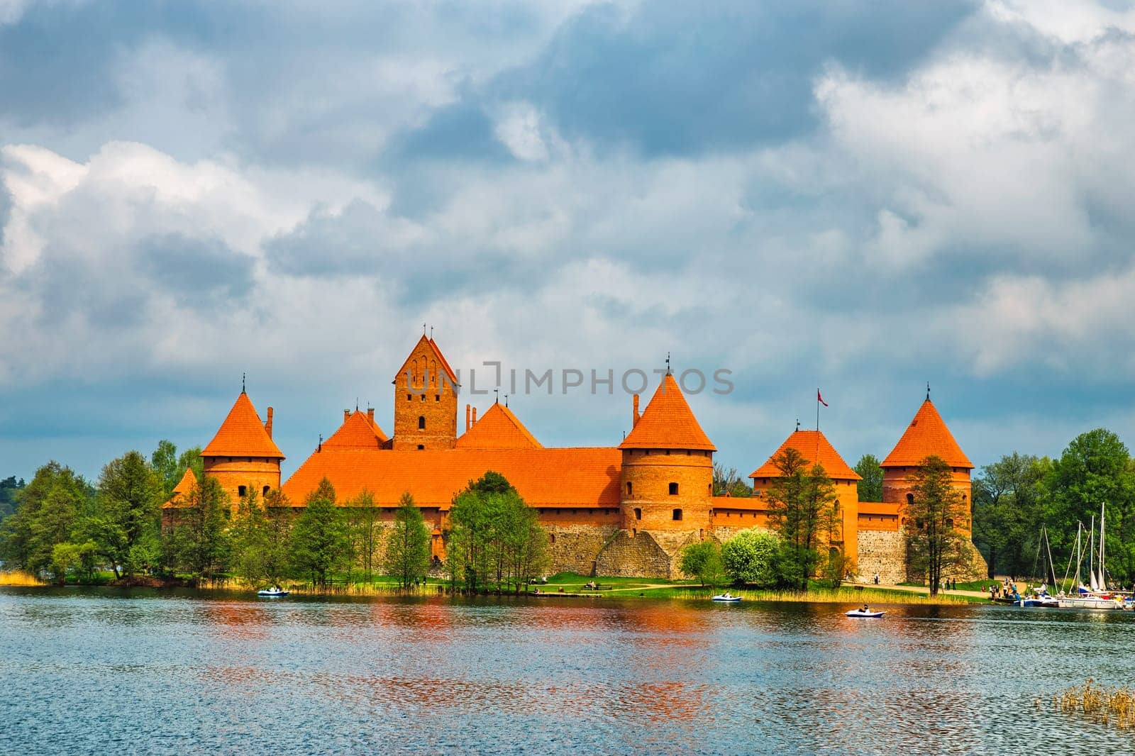 Panoramic view on Medieval old castle in Trakai, Lithuania placed on Galve lake..Island ancient castle are one of the most popular touristic destinations and cultural center in Lithuania.
