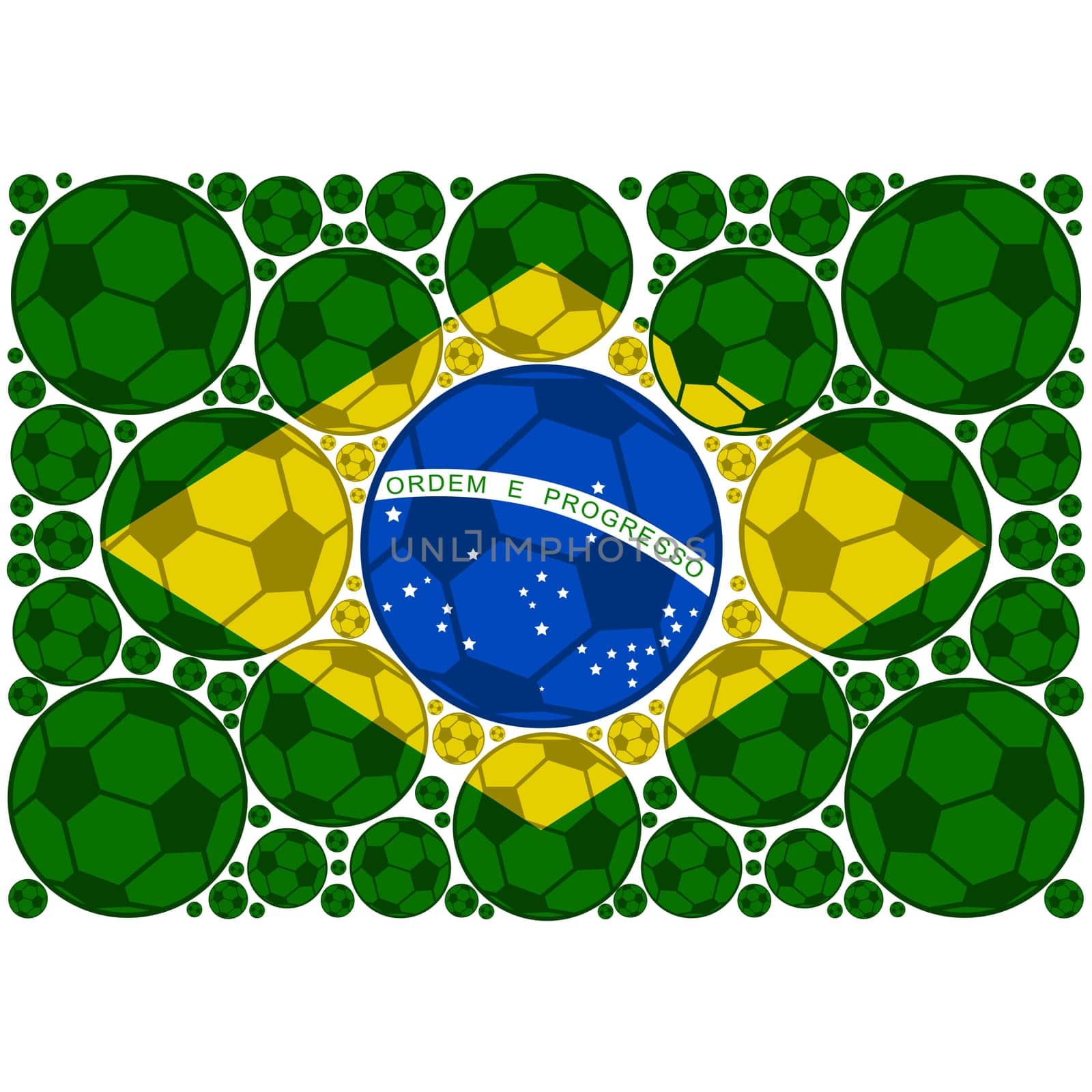 Concept illustration showing the flag of Brazil made up of colored soccer balls