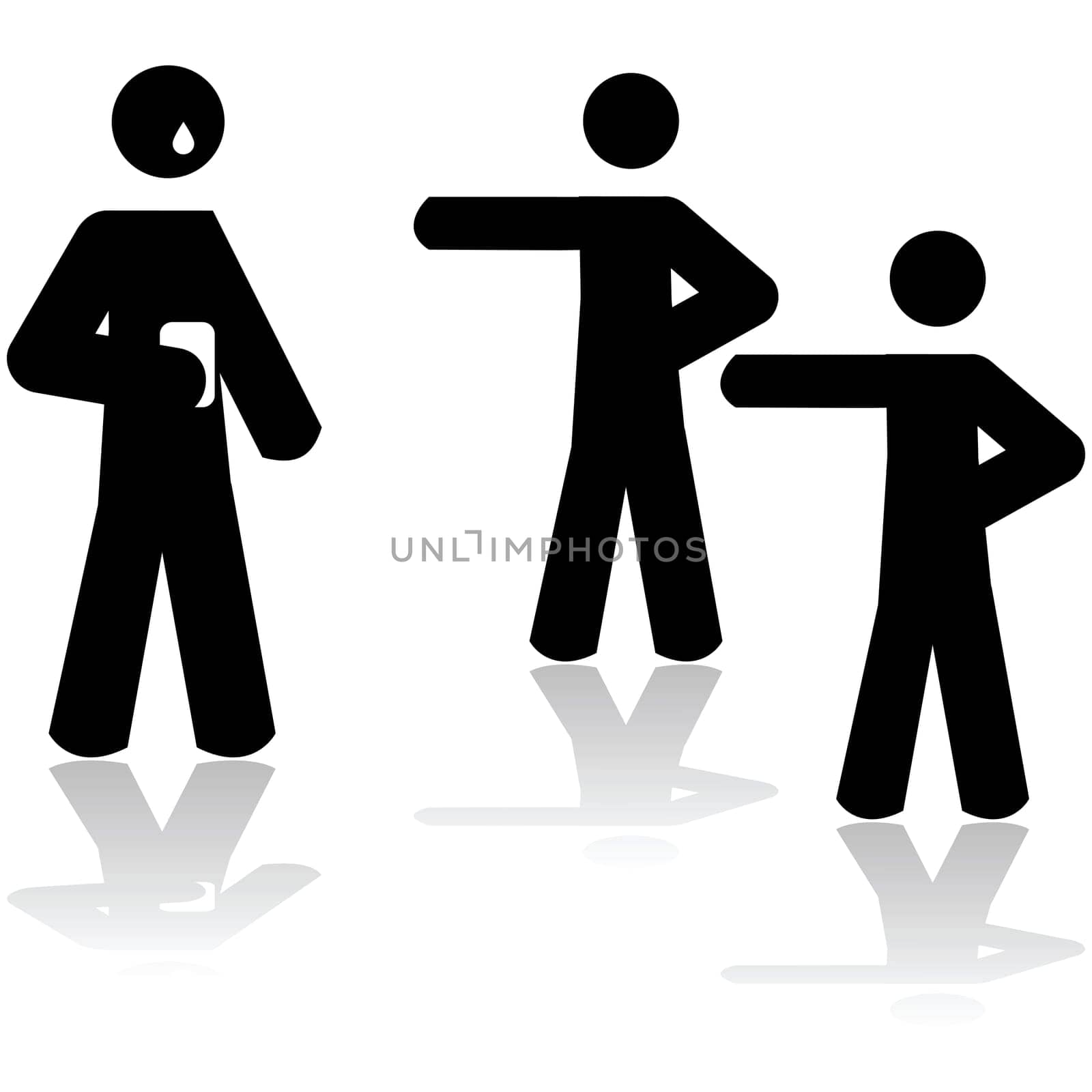 Icon illustration showing two people pointing at a third person holding a smartphone and crying.