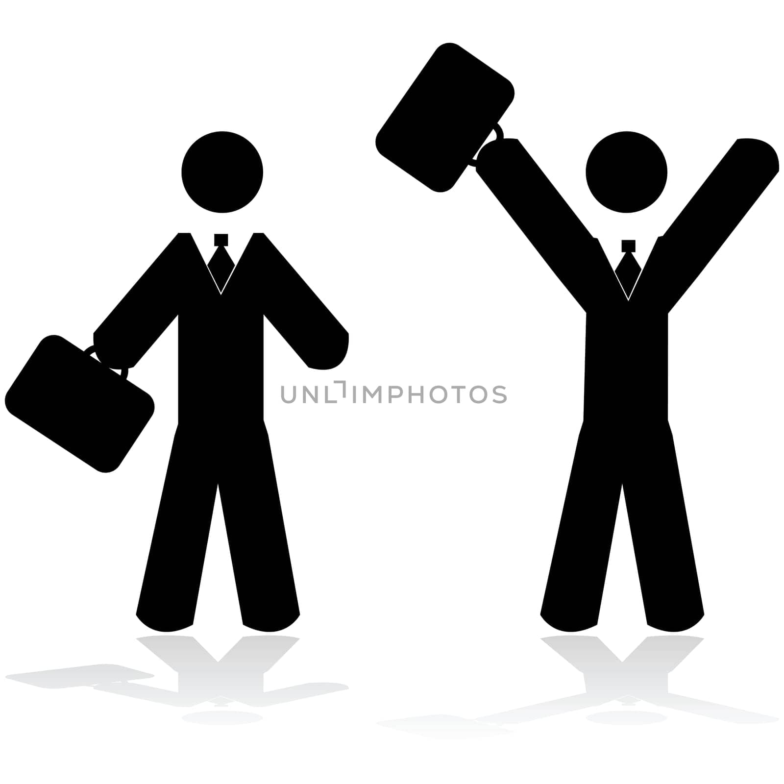 Concept illustration showing a businessman carrying his suitcase and then celebrating something