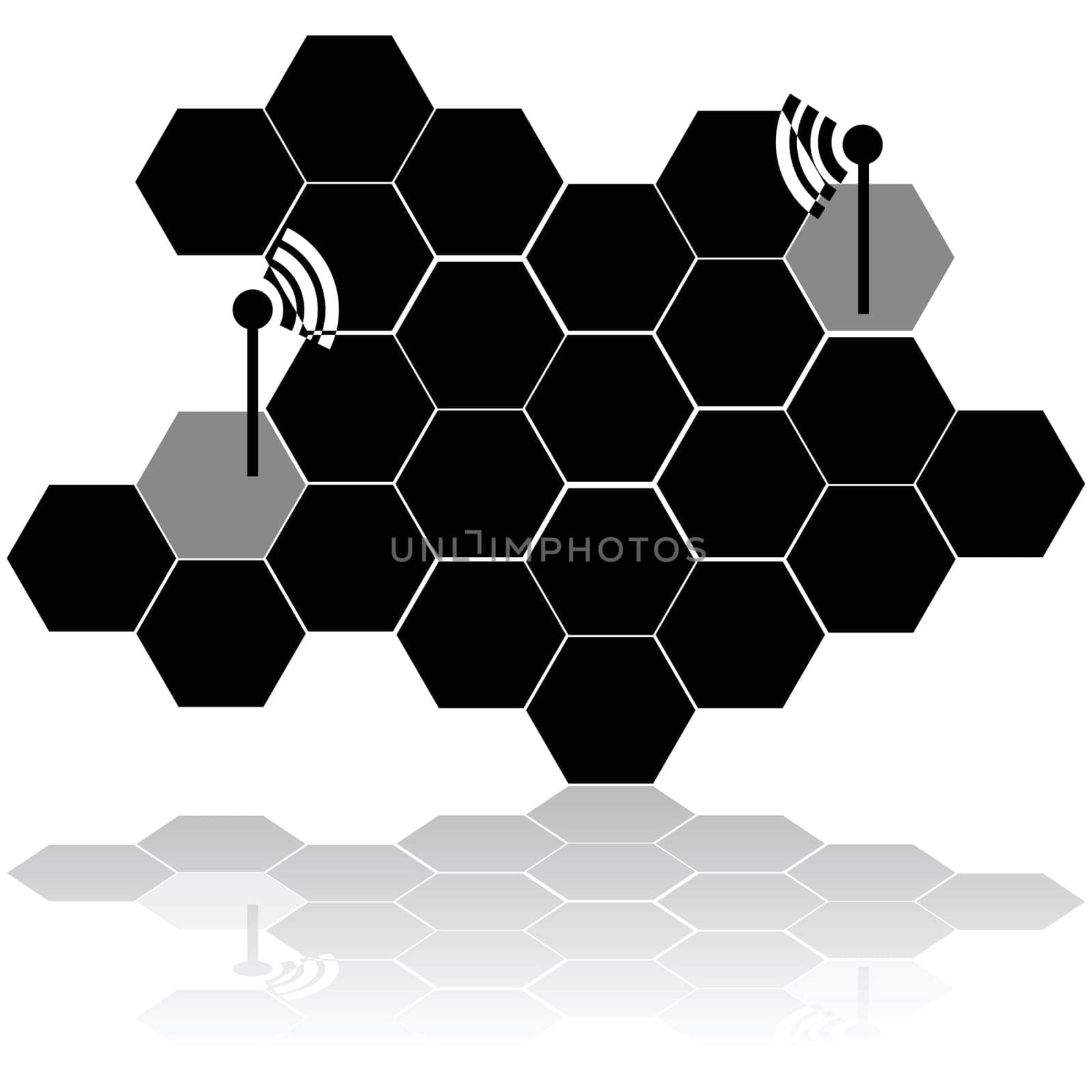 Concept illustration showing a grid made of hexagonal cells and two towers communicating