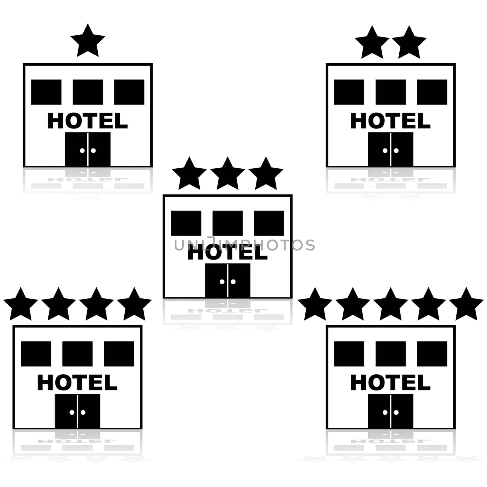 Icons of a hotel building with different star ratings on top of them