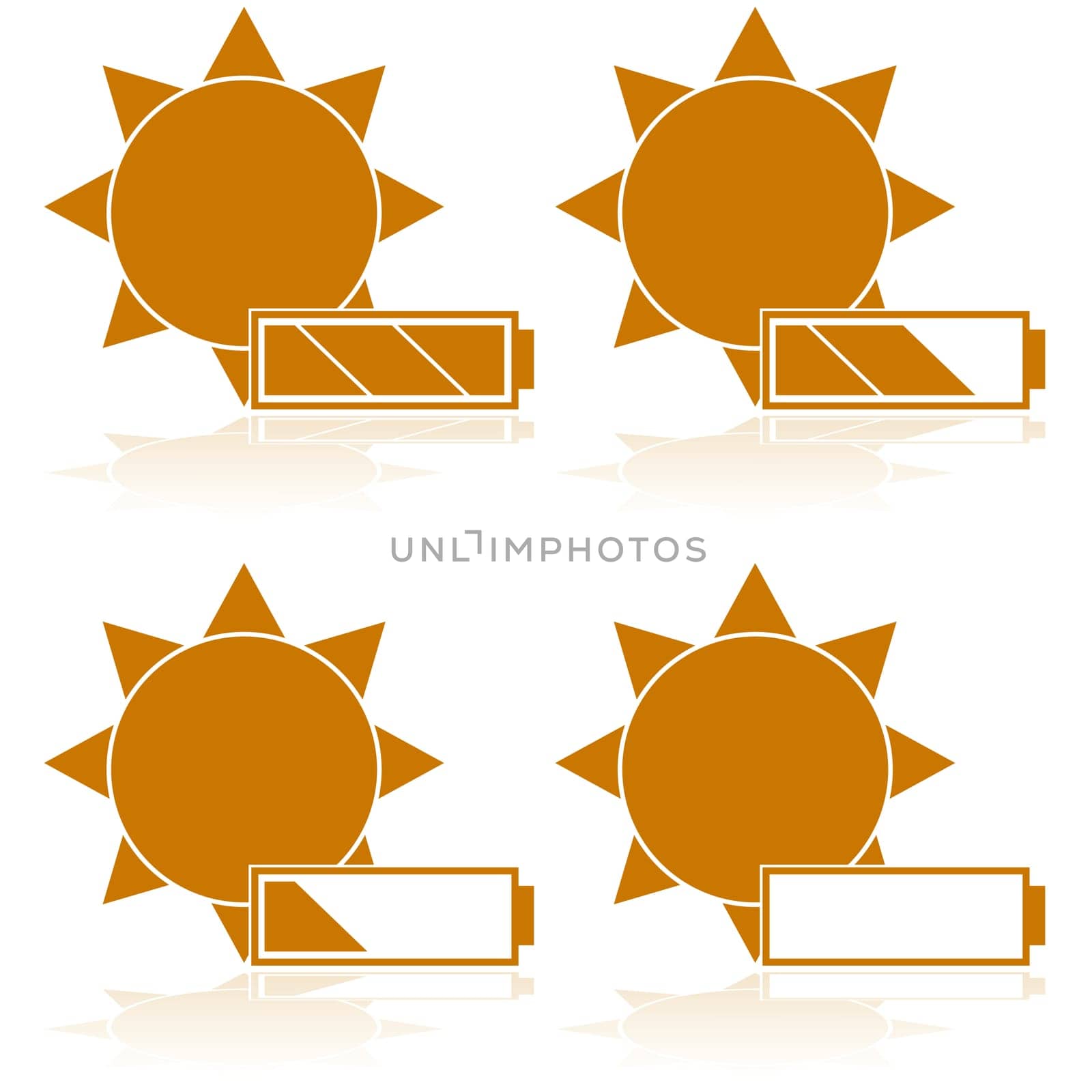 Concept illustration showing a battery in front of the sun with different power levels