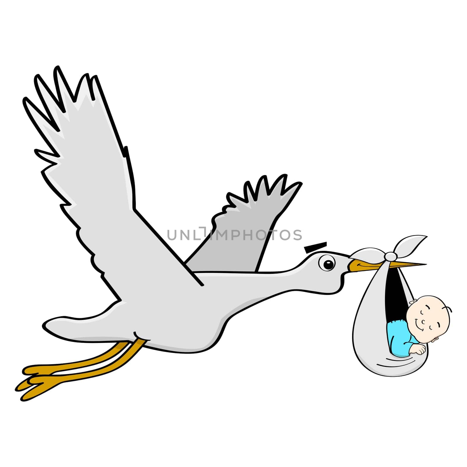 Cartoon illustration showing a stork carrying a sleeping baby.