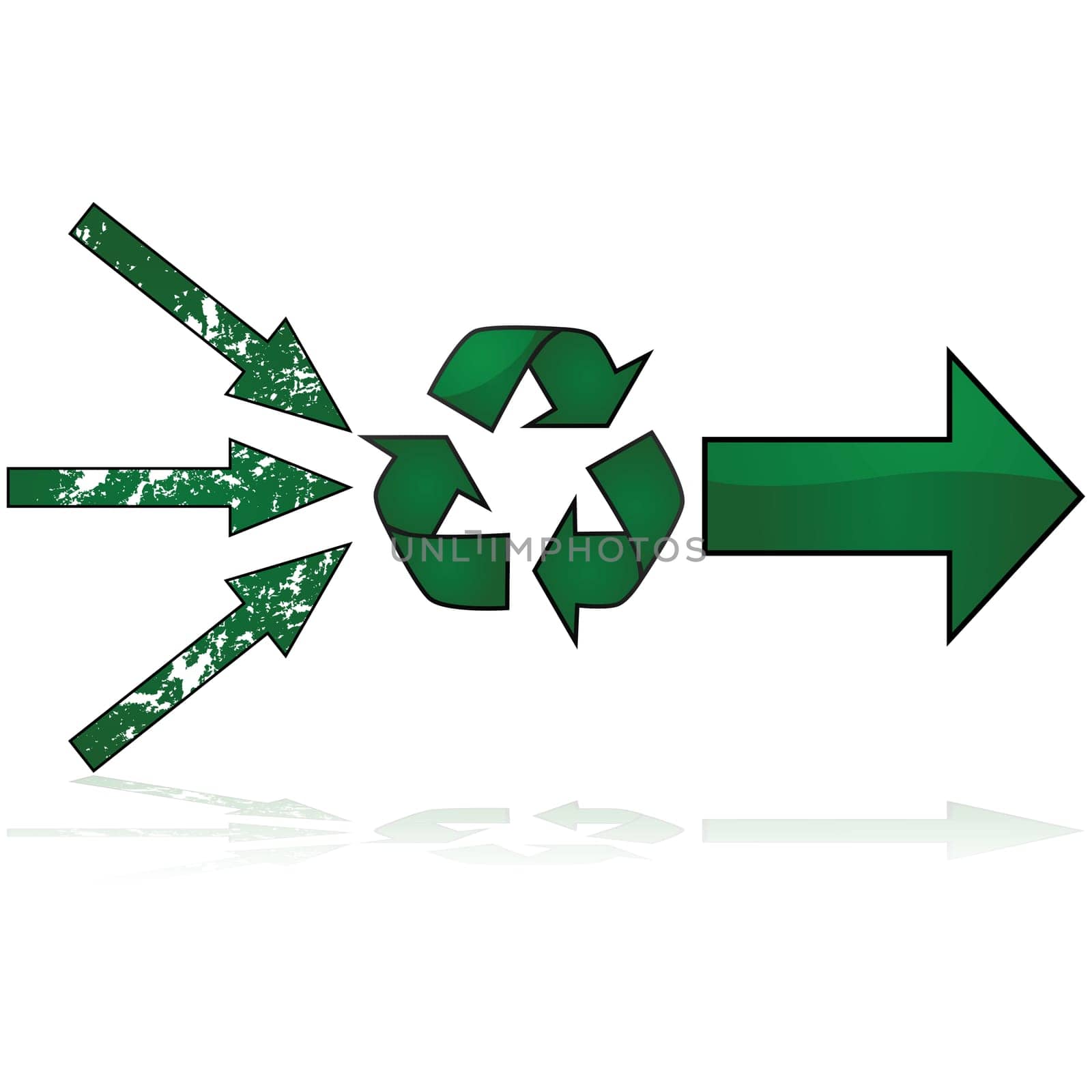 Concept illustration showing three damaged arrows pointing towards the recycling symbol and coming out as a strong new arrow