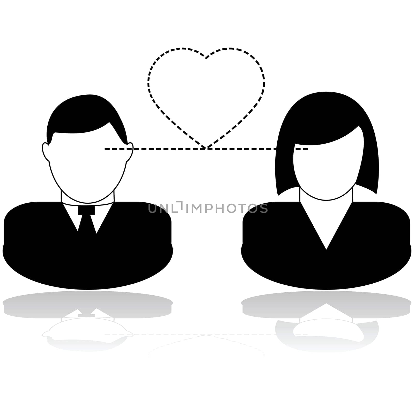 Concept illustration showing a man and a woman looking at each other and forming a heart between them