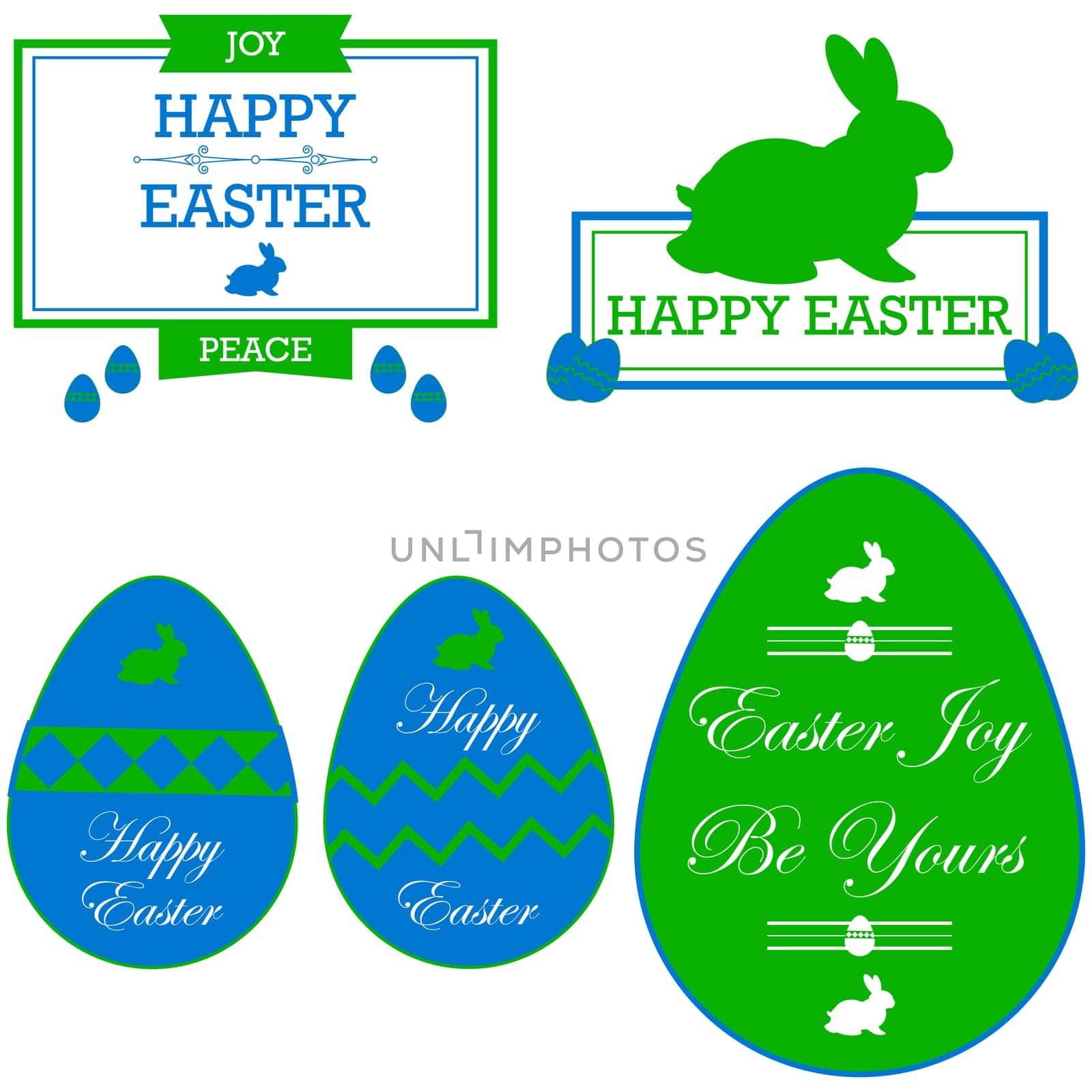 Cards and stickers in green and blue, showing Happy Easter messages