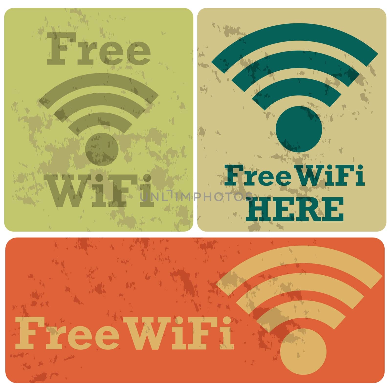 Cartoon illustration showing stickers with the message Free WiFi