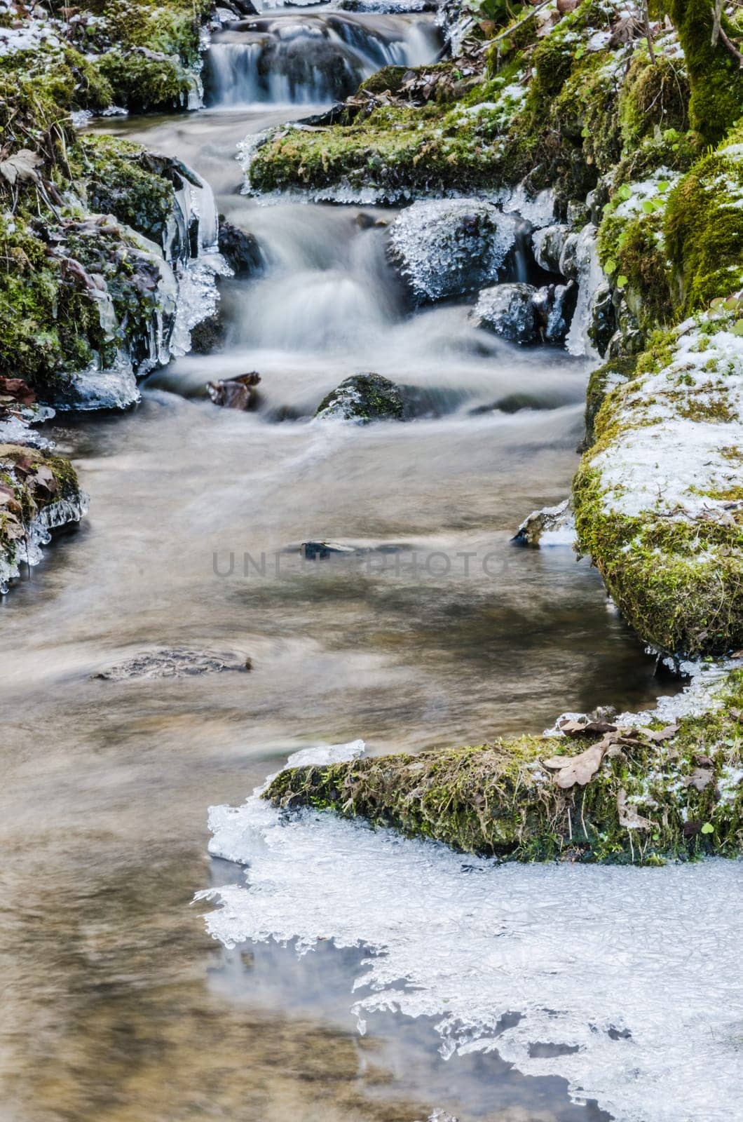 The flow of water in the spring of icicles and ice
