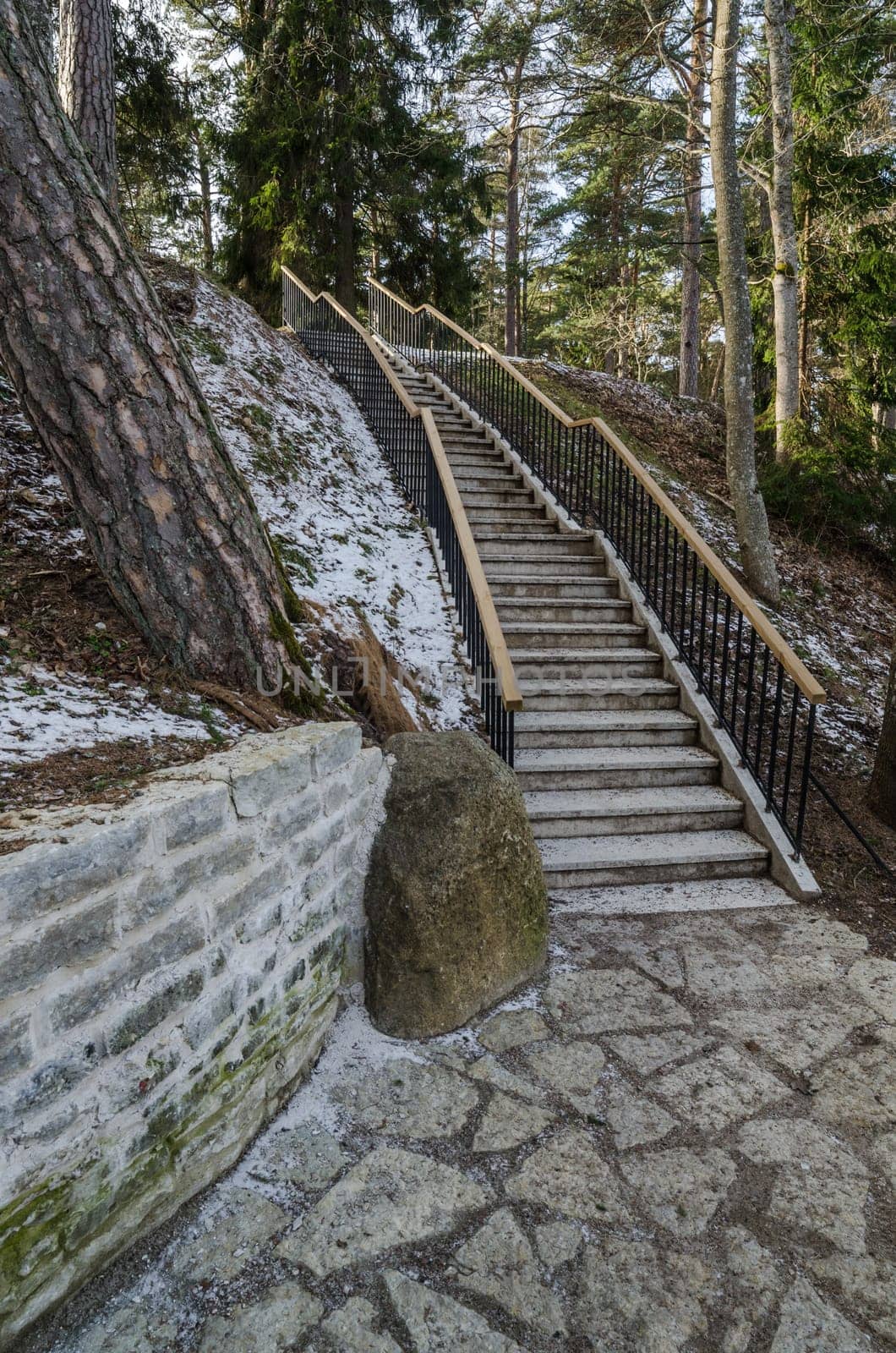 Beautiful staircase in the park leading up.
