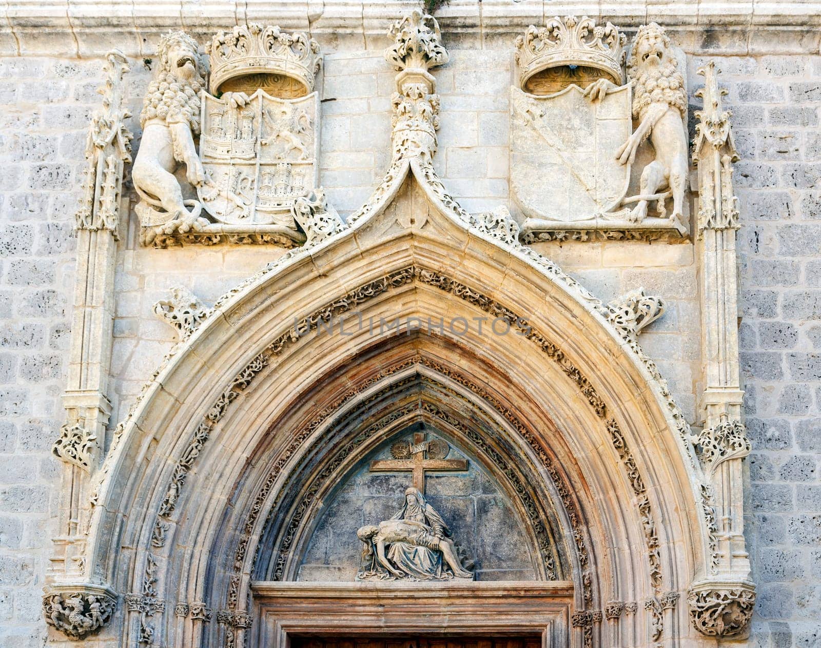 Facade of the entrance to the church of the Charterhouse of Miraflores, Burgos, Spain