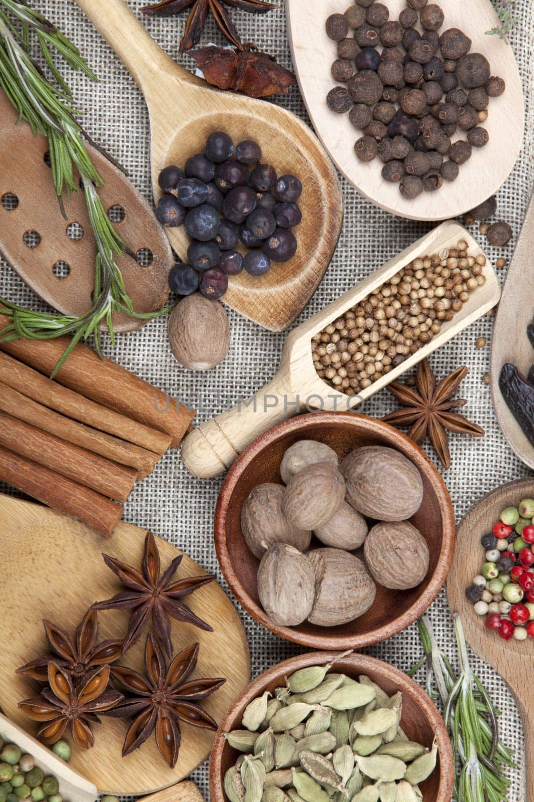 Many different fragrant spices and herbs