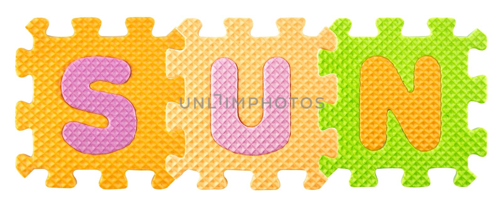 Sun word created from Alphabet puzzle isloated on white background , with clipping path.