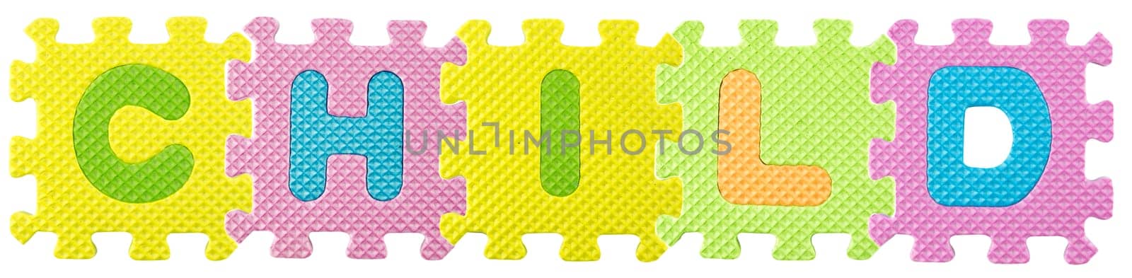 Child word created from Alphabet puzzle isloated on white background , with clipping path.