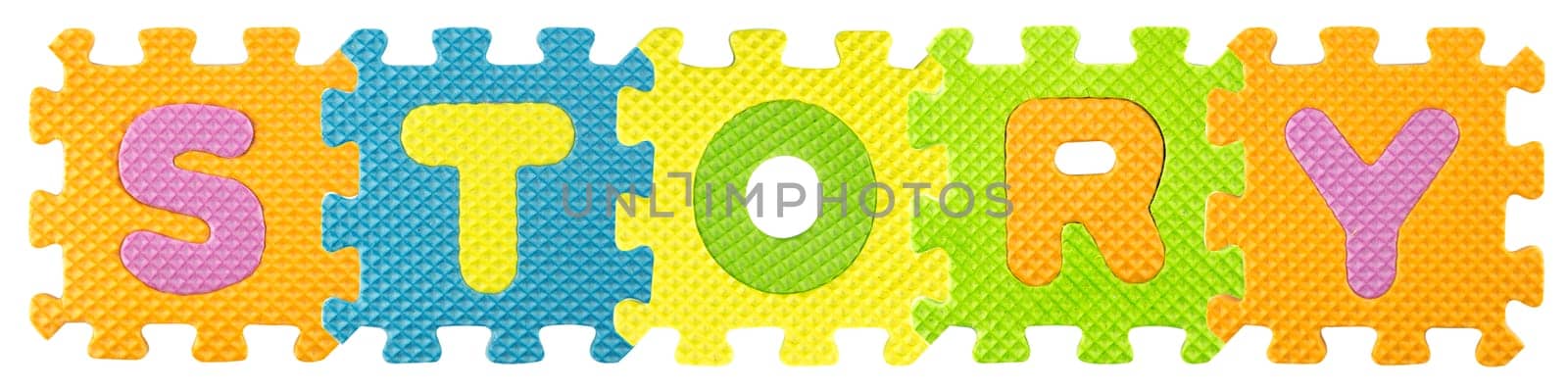 Story word created from Alphabet puzzle isloated on white background , with clipping path.