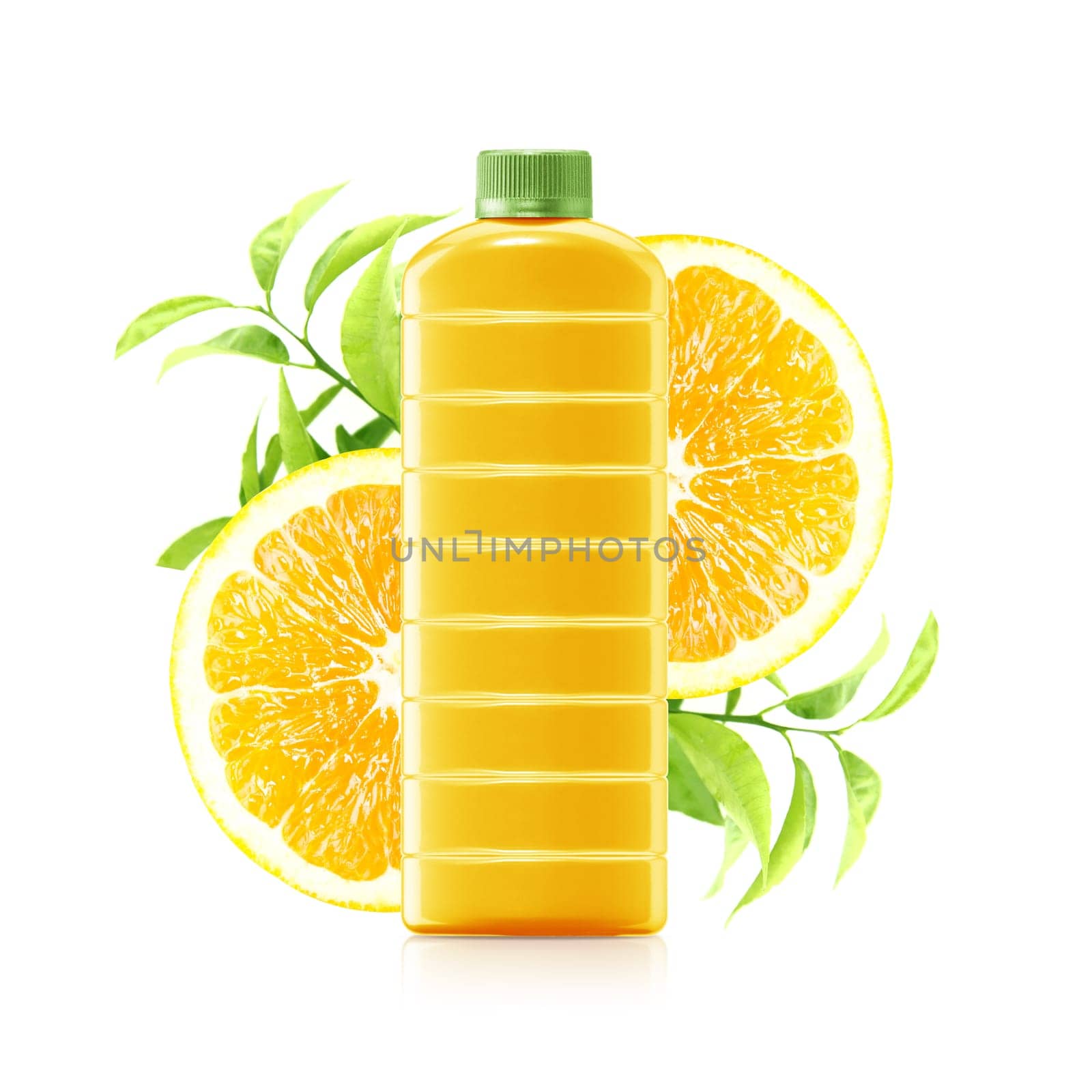 Orange juice in a plastic container jug with fresh orange and leaves on a white background.