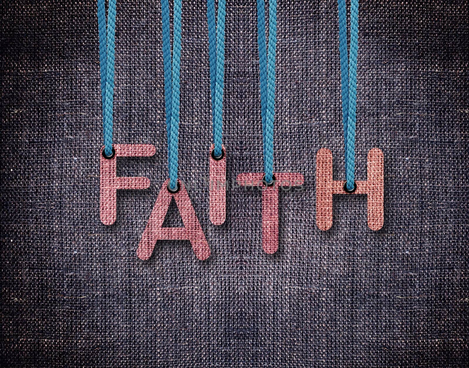Faith Letters hanging strings with blue sackcloth background.