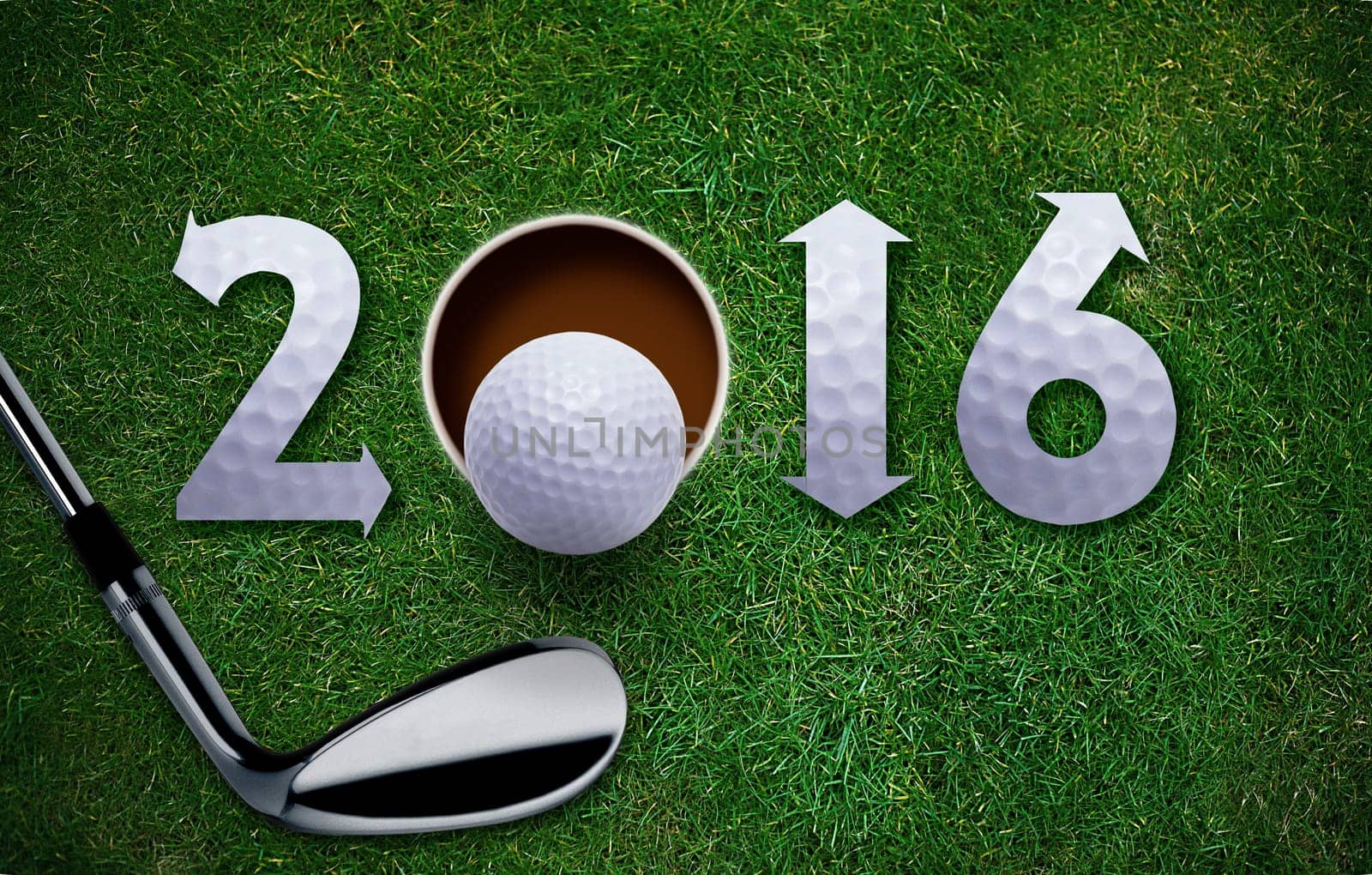 Happy New Golf year 2016,  Golf ball and putter on green grass, the same concept available for 2017 year.