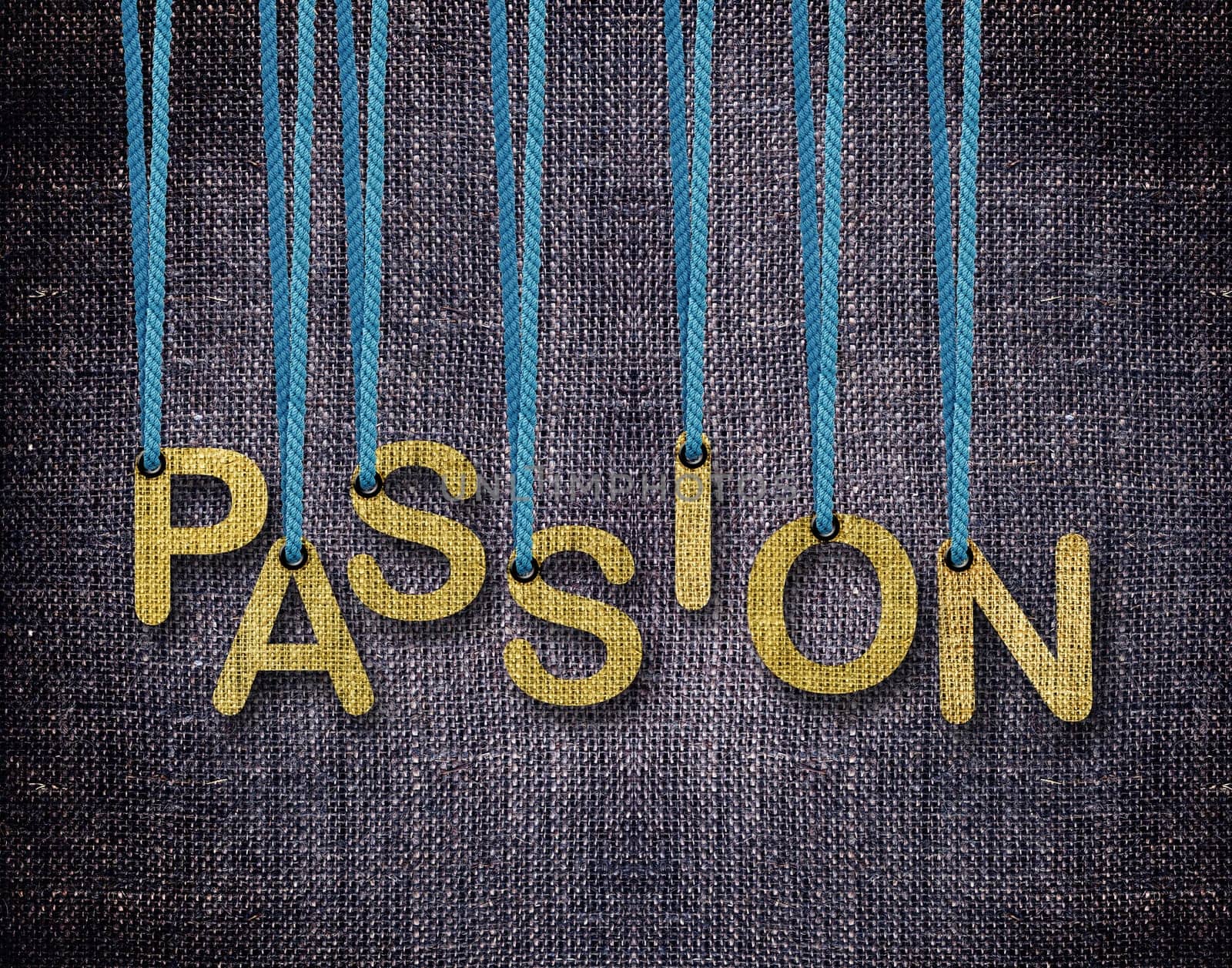 Passion Letters hanging strings with blue sackcloth background.