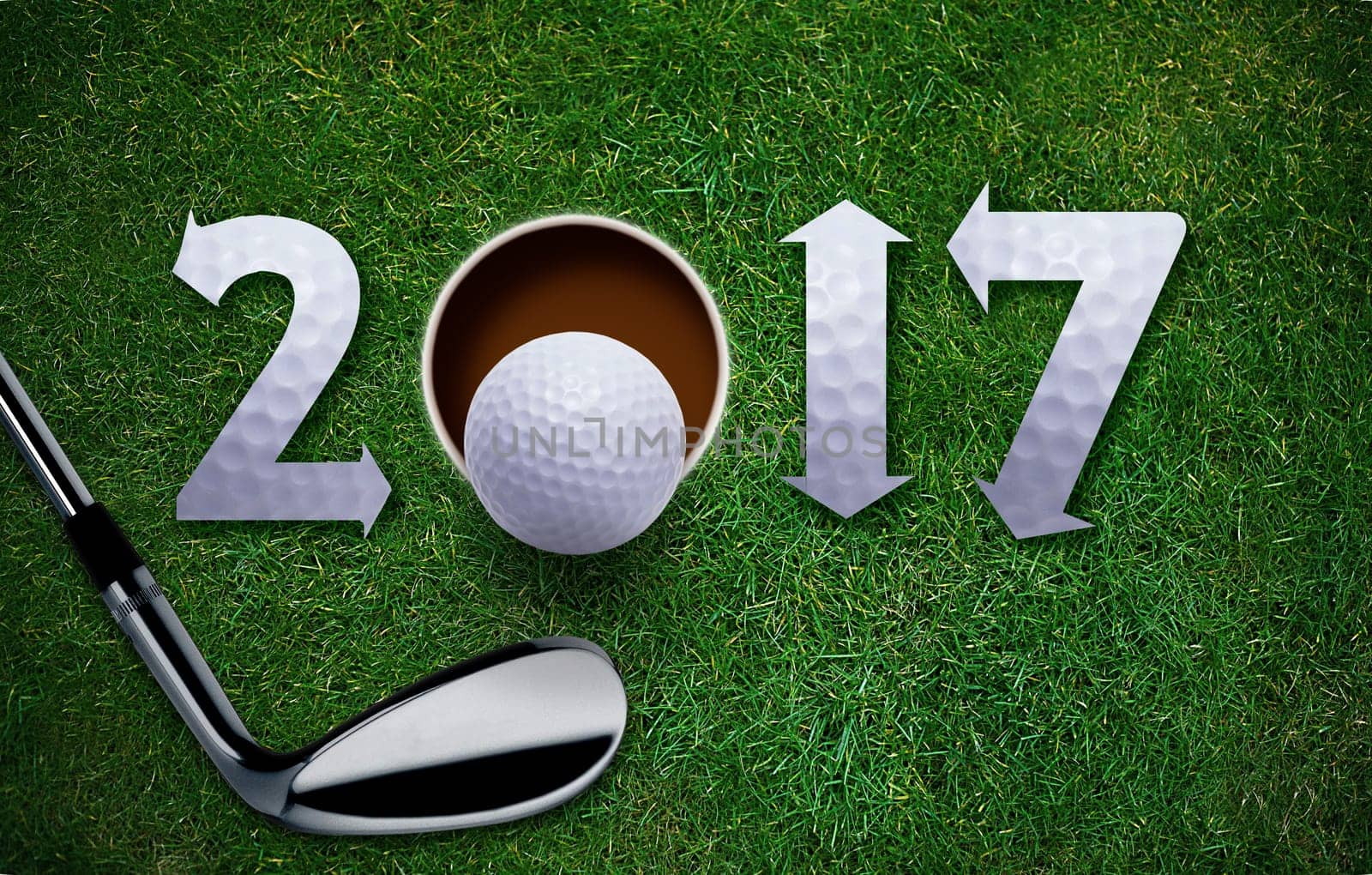 Happy New Golf year 2017,  Golf ball and putter on green grass.