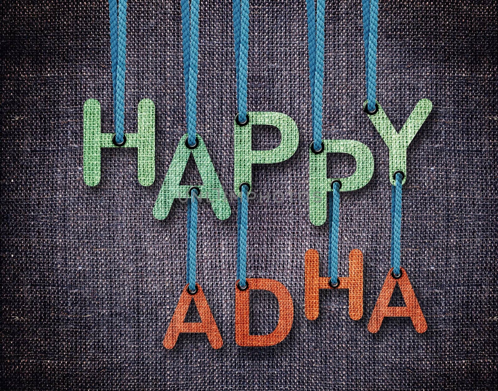Happy Adha Letters hanging strings with blue sackcloth background.