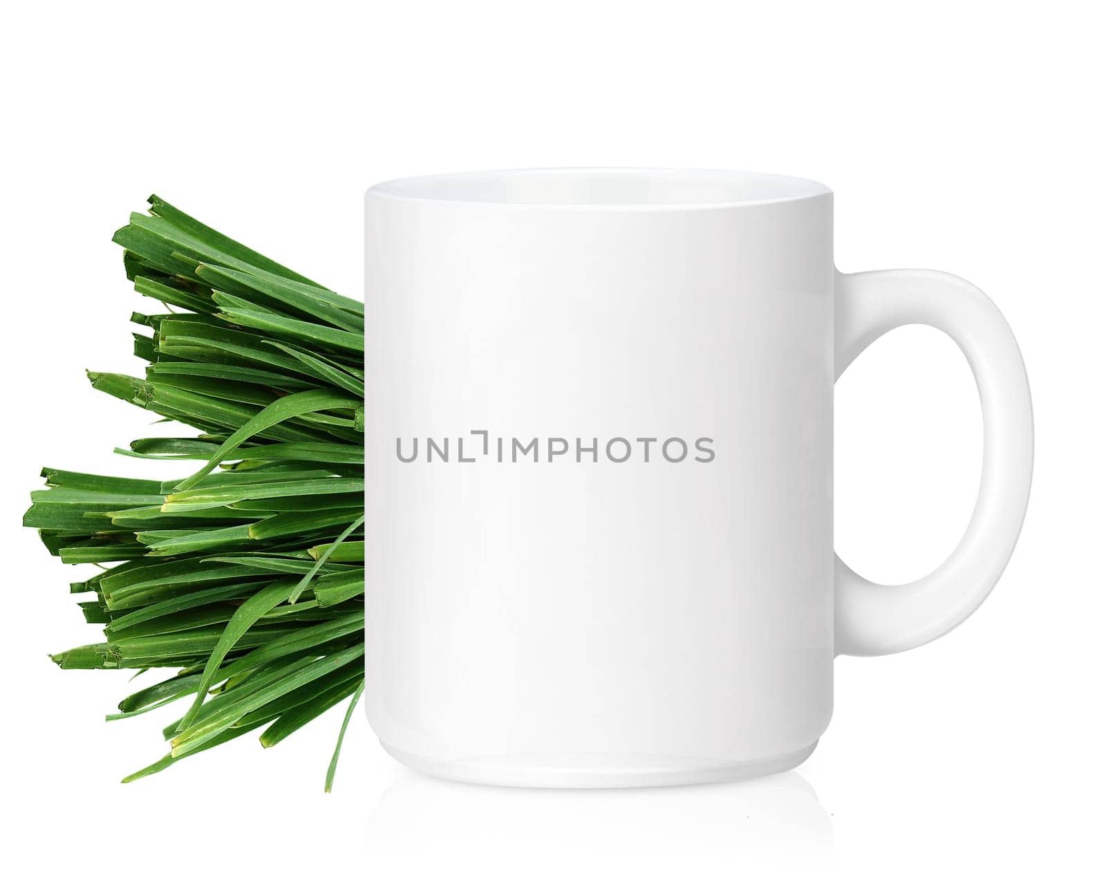 White ceramic mug with Herbs, Herbs Drink,  Isolated on a white. (with clipping work path)