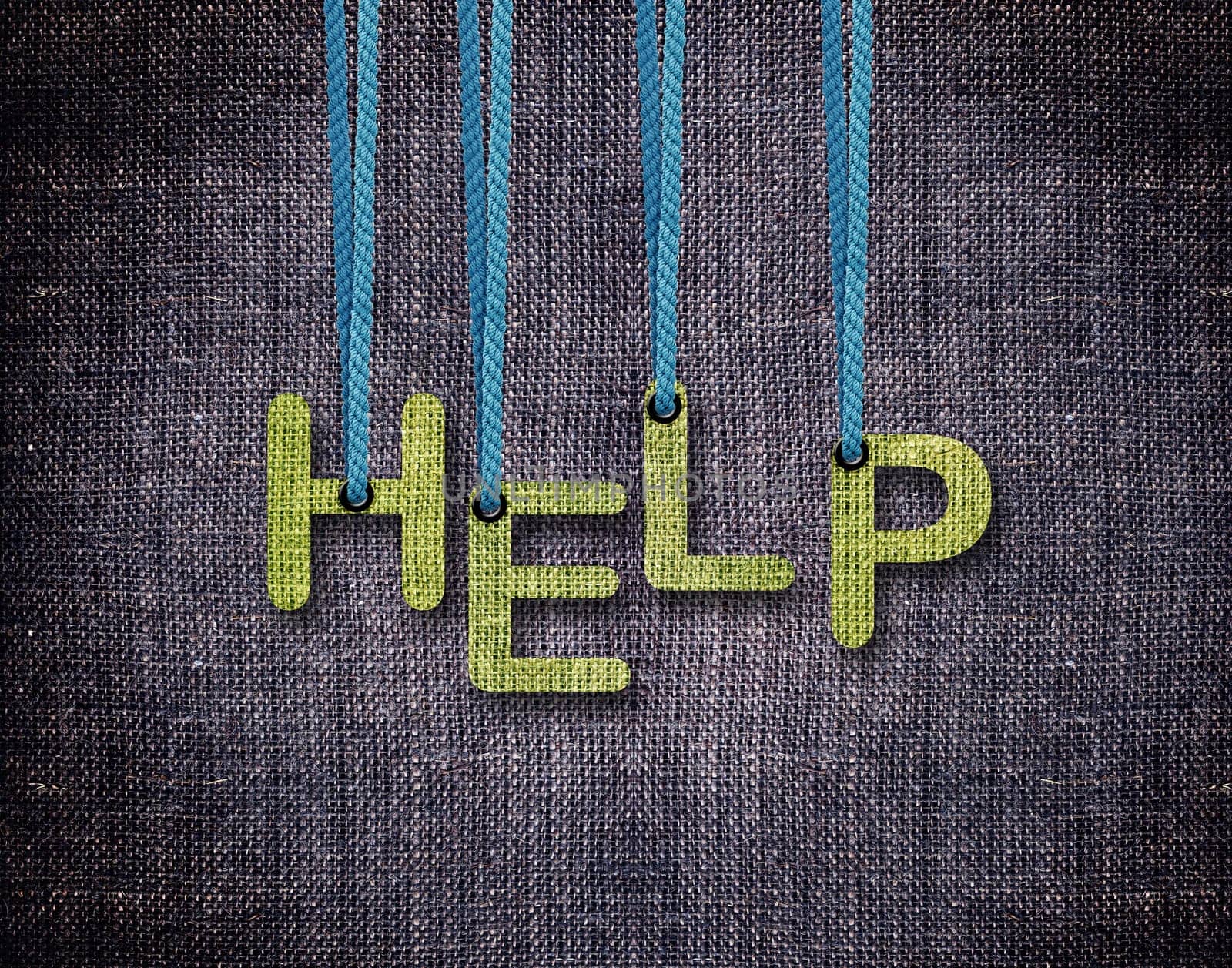 Help Letters hanging strings with blue sackcloth background.