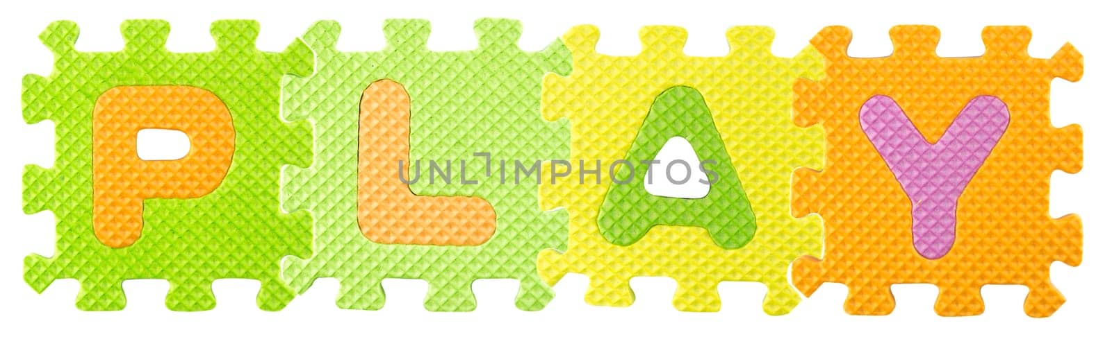 Play word created from Alphabet puzzle isloated on white background , with clipping path.