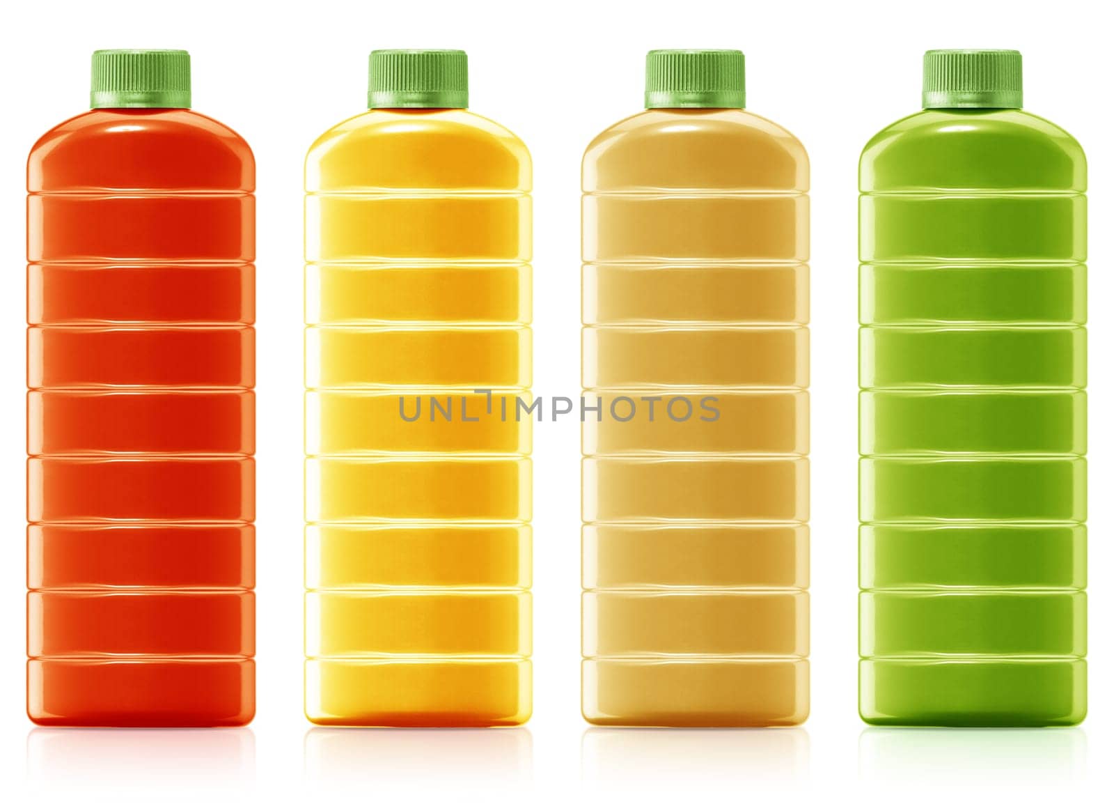 different bottles of juice, juice in a plastic container jug on a white background.  (with clipping work path)