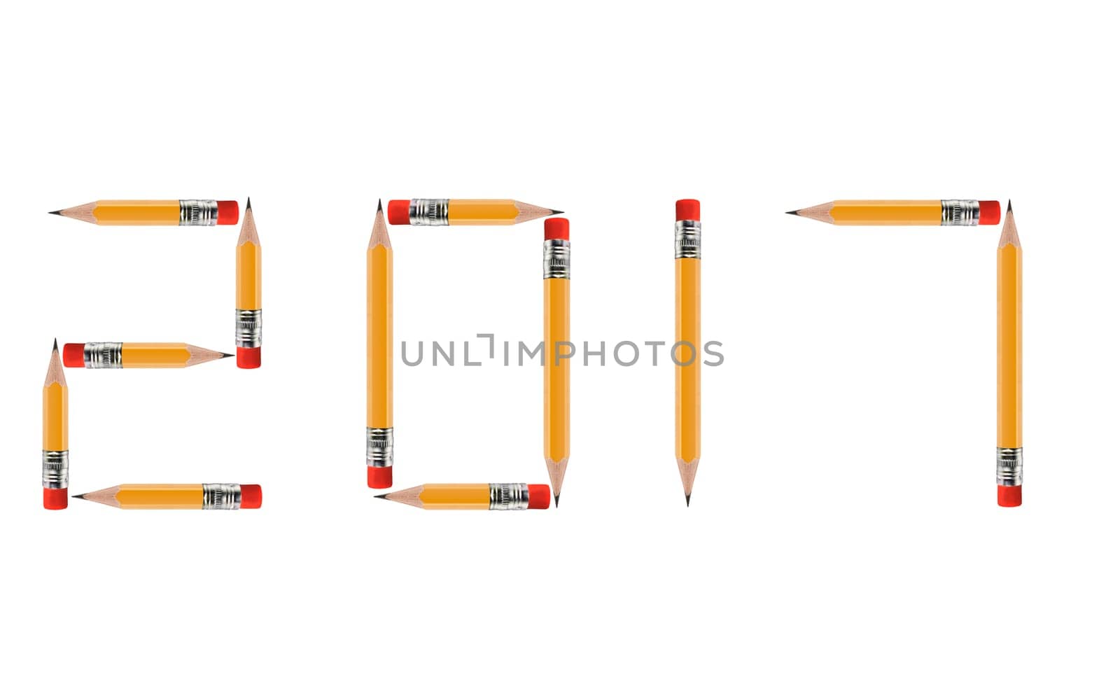 Happy new year 2017, short Pencils isolated on white background arranged to spell 2017.  (Clipping work path included).