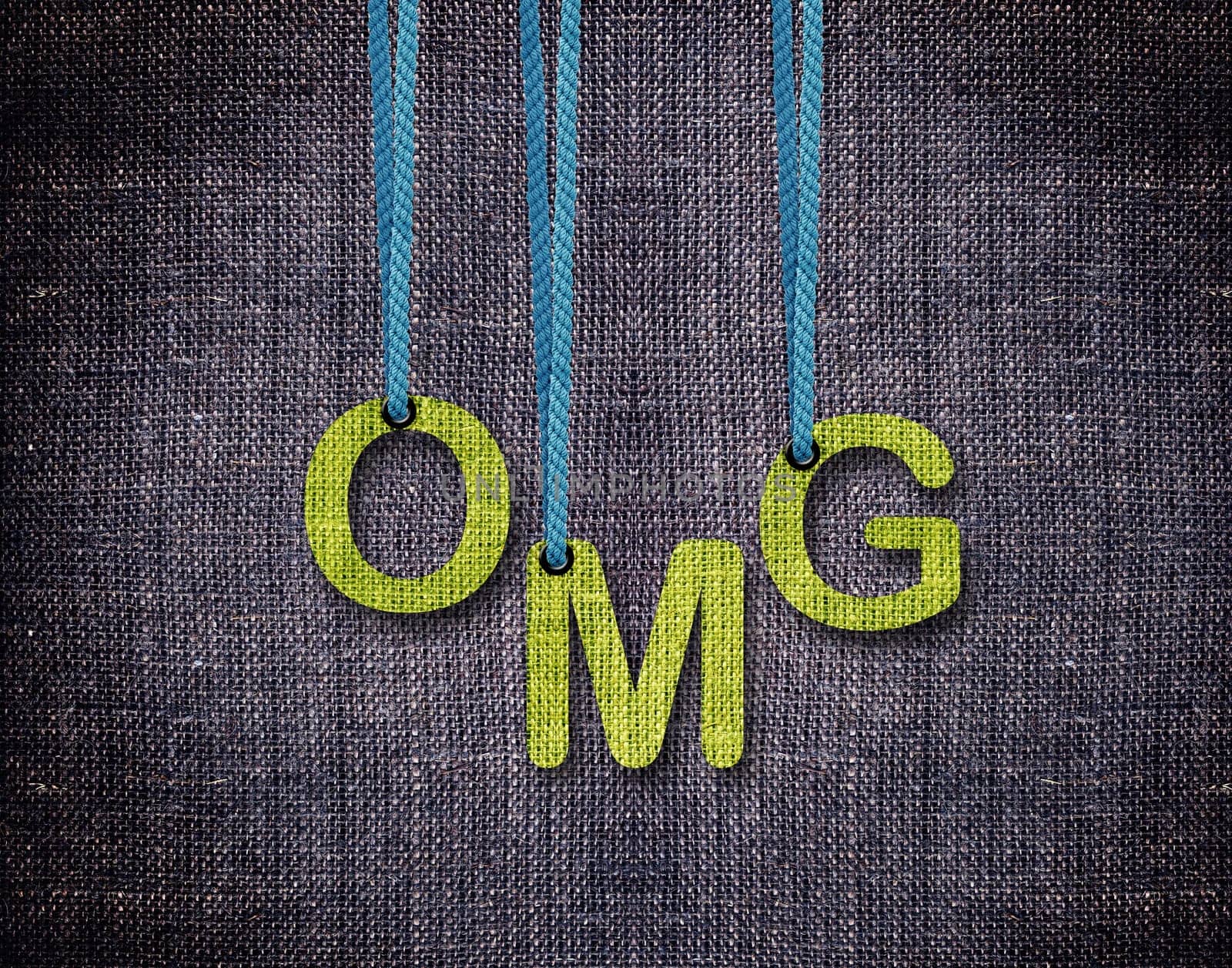 Oh my Gud, OMG Letters hanging strings with blue sackcloth background.