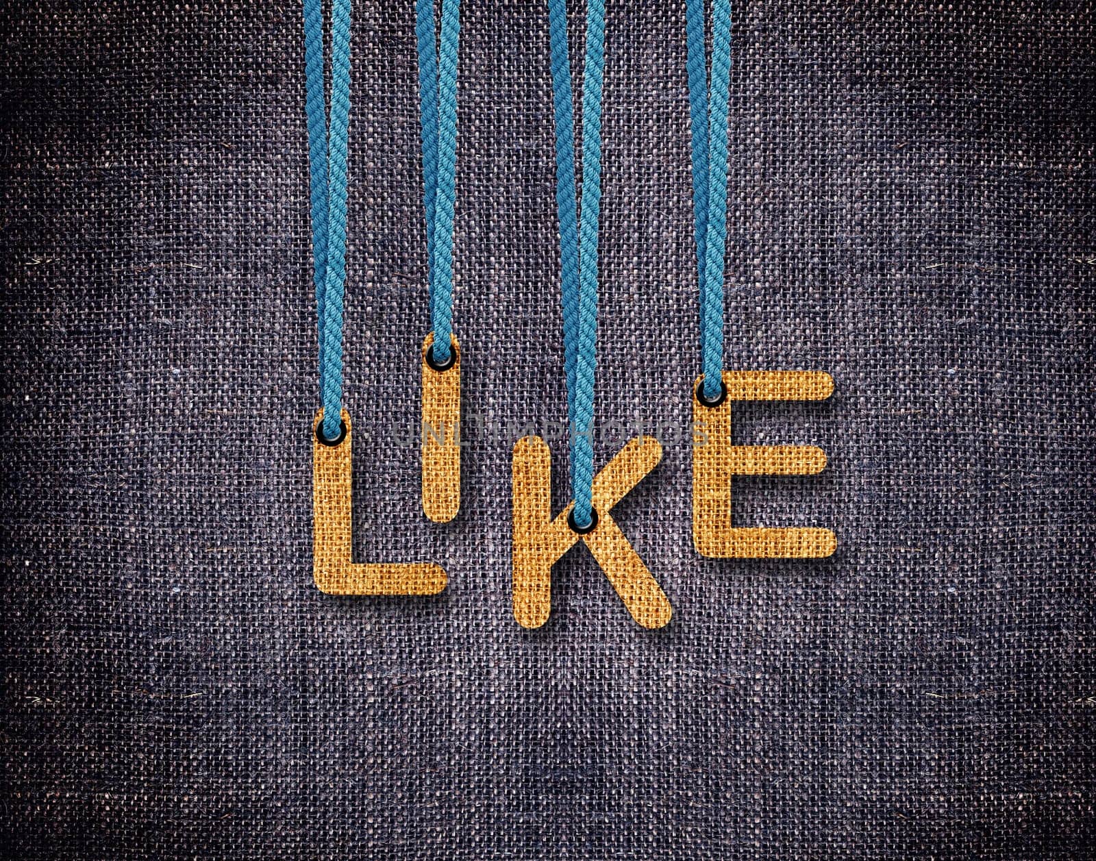 Like Letters hanging strings with blue sackcloth background.
