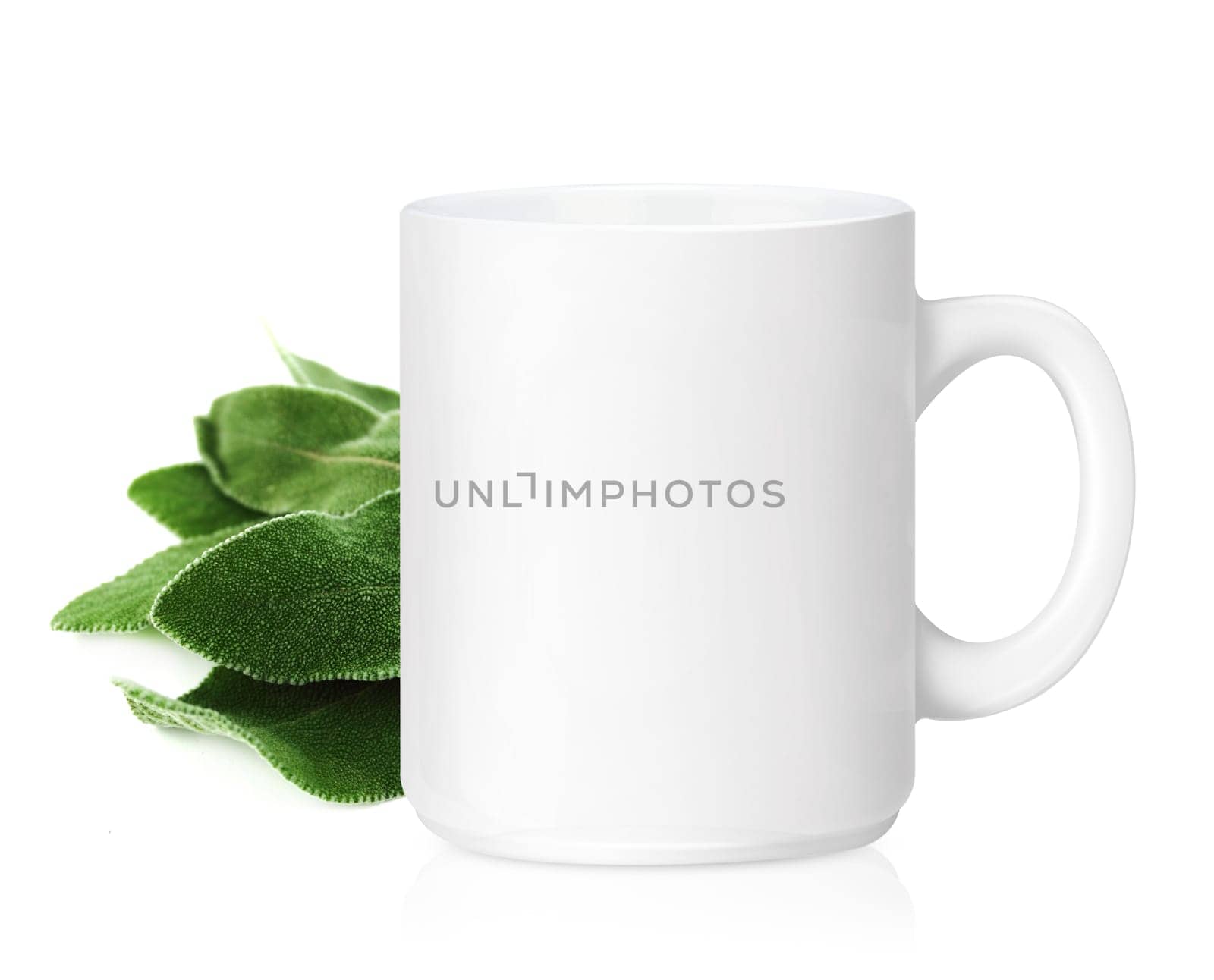 White ceramic mug with Herbs, Herbs Drink,  Isolated on a white. (with clipping work path)
