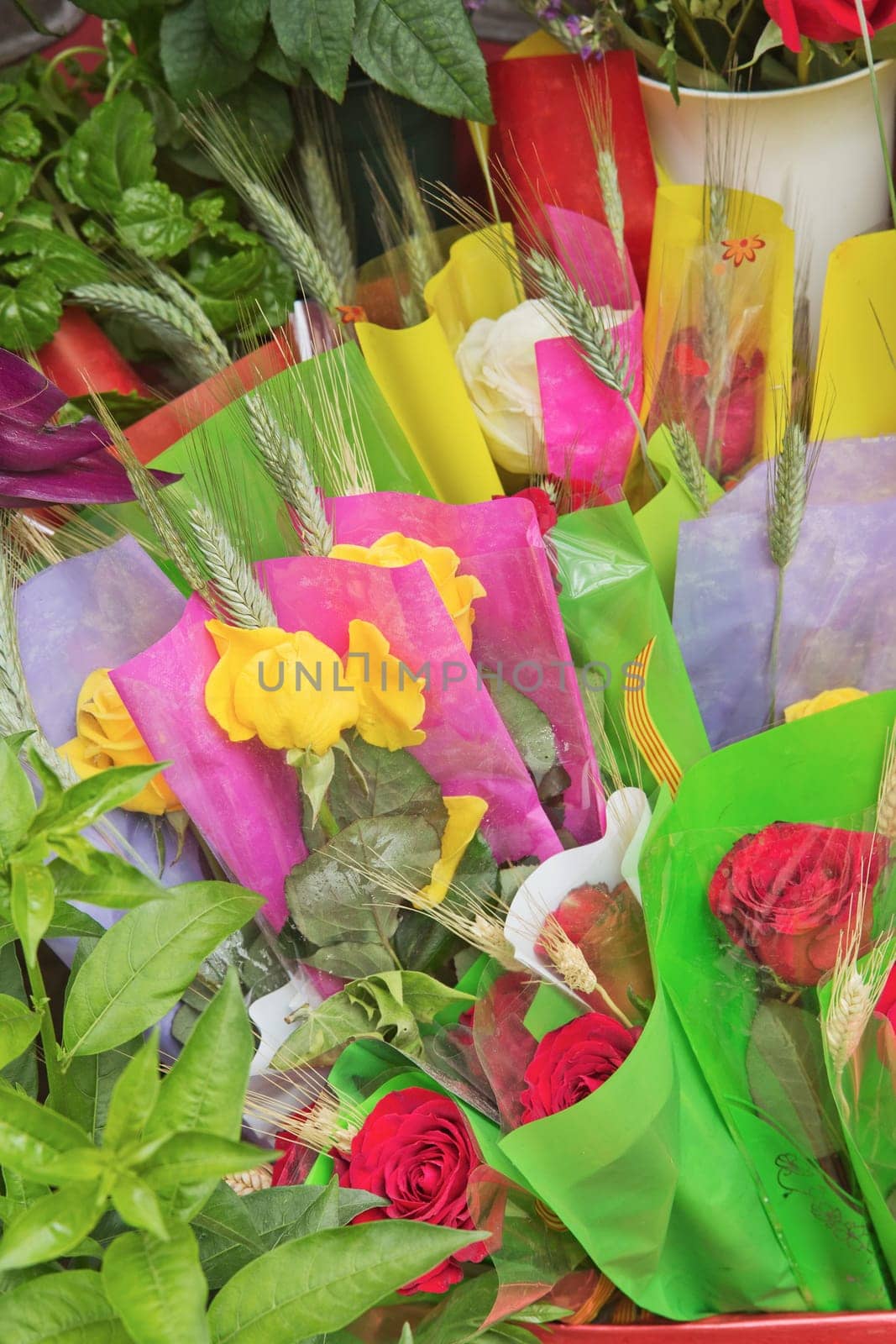 Flower stalls on the street La Ramblas in central Barcelona. Celebration of San Jordi (Saint George) in April.