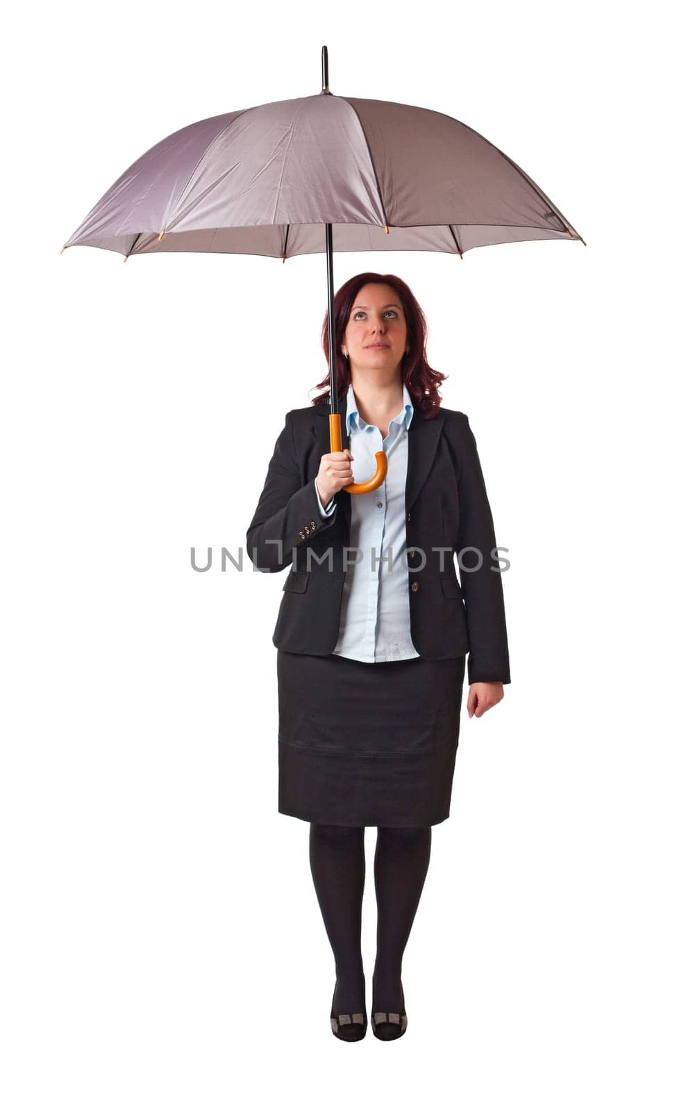 businesswoman with umbrella isolated on white background