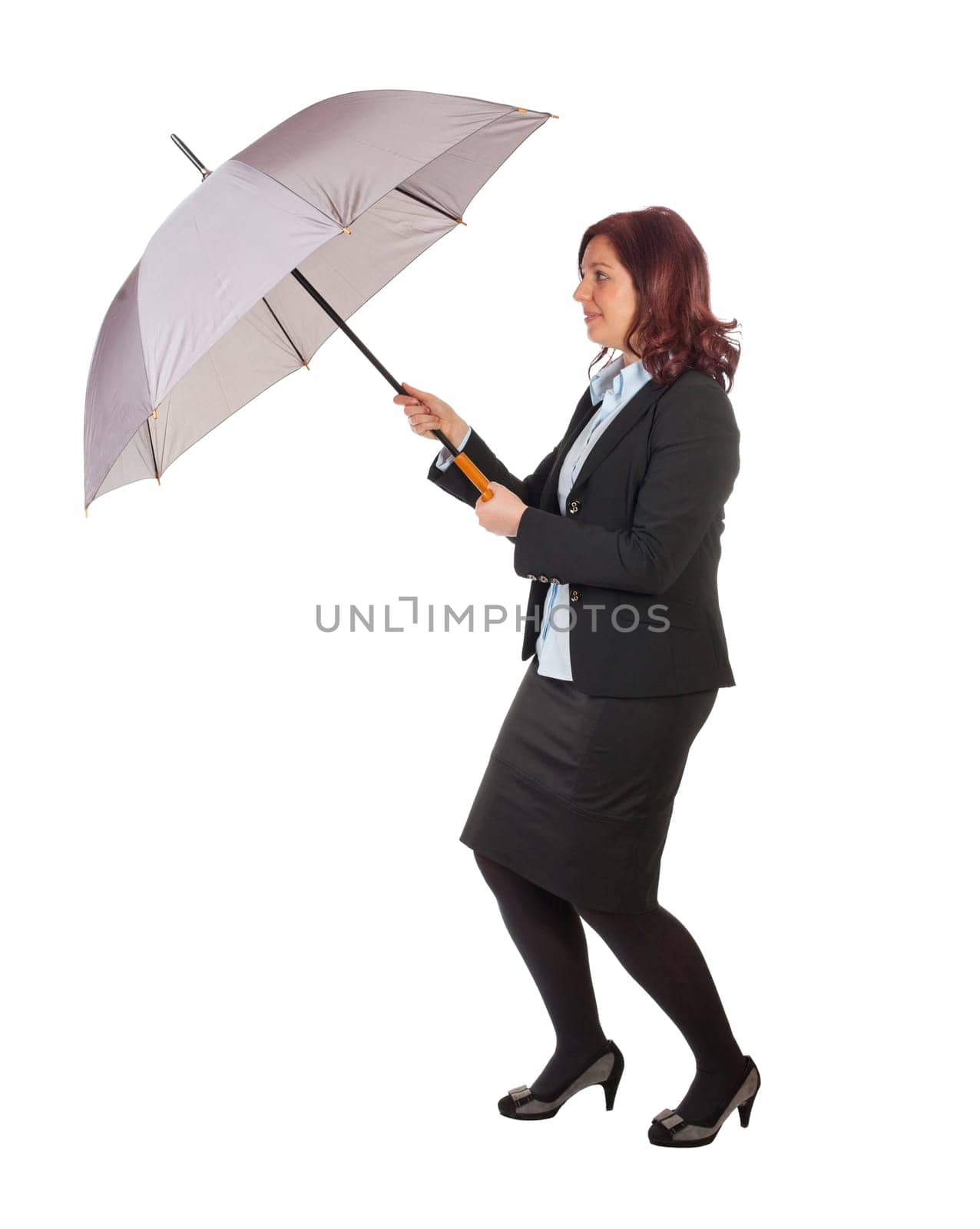 businesswoman with umbrella isolated on white background