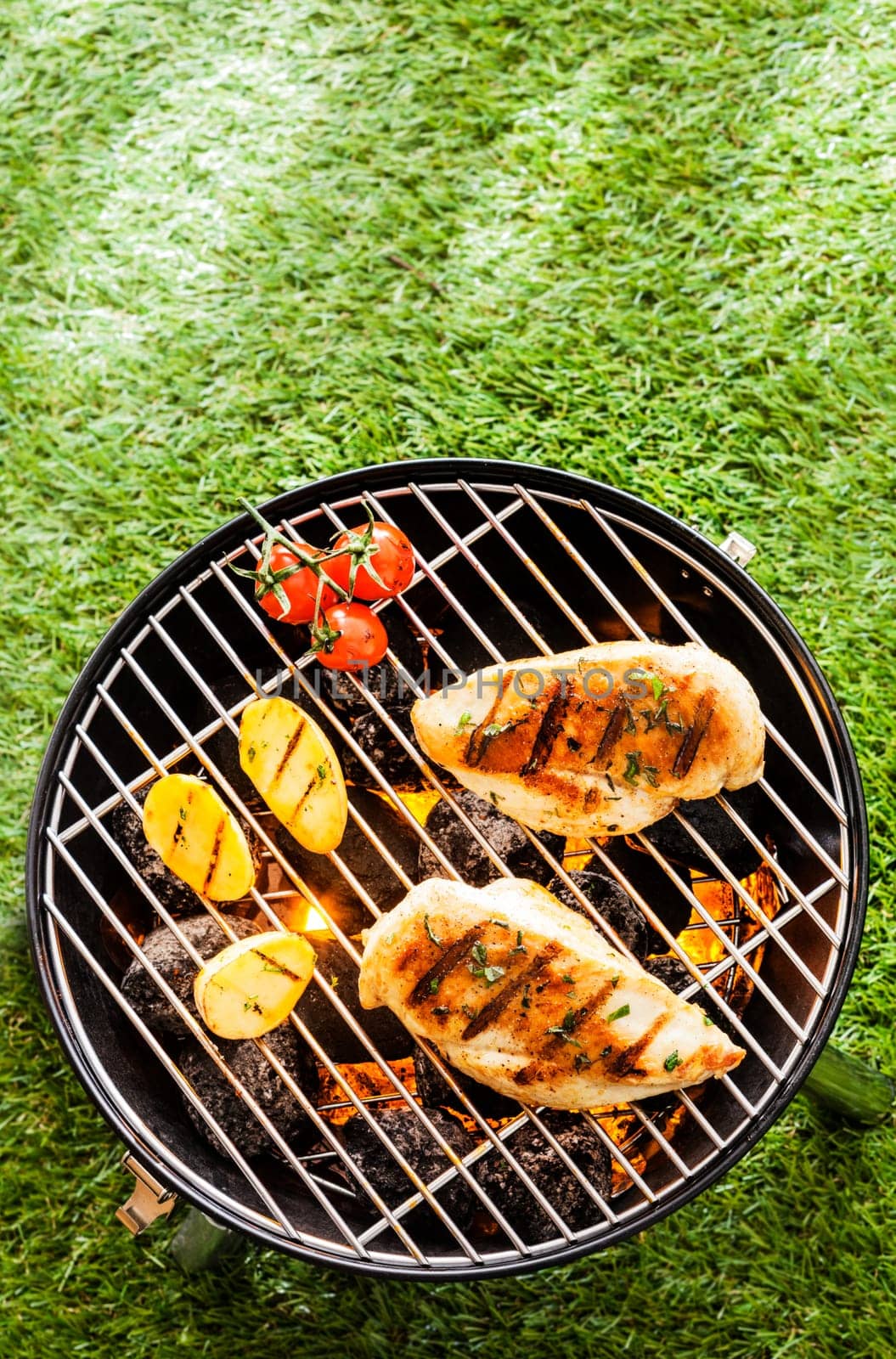 Healthy summer BBQ with chicken breasts and vegetables grilling on the coals in a portable barbecue standing an a green lawn, overhead view with copyspace