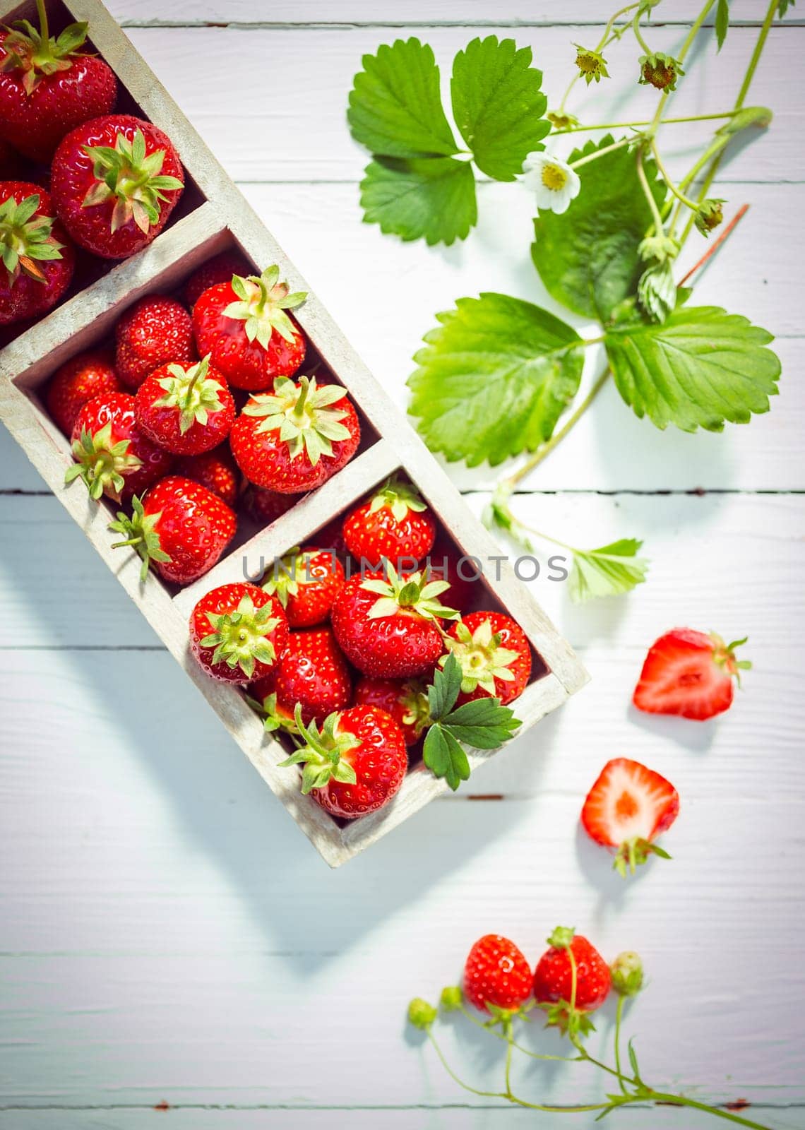Display of delicious ripe red strawberries in wooden boxes on white painted boards with fresh green leaves and blossom and a halved berry showing the juicy flesh, view from above