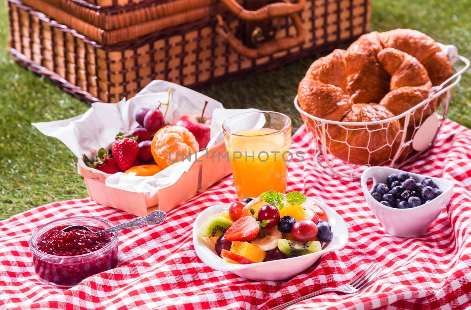 Healthy vegetarian or vegan picnic with a delicious spread of fresh fruit, golden croissants, berry jam and tropical fruit salad on a red and white tablecloth alongside a hamper on green grass