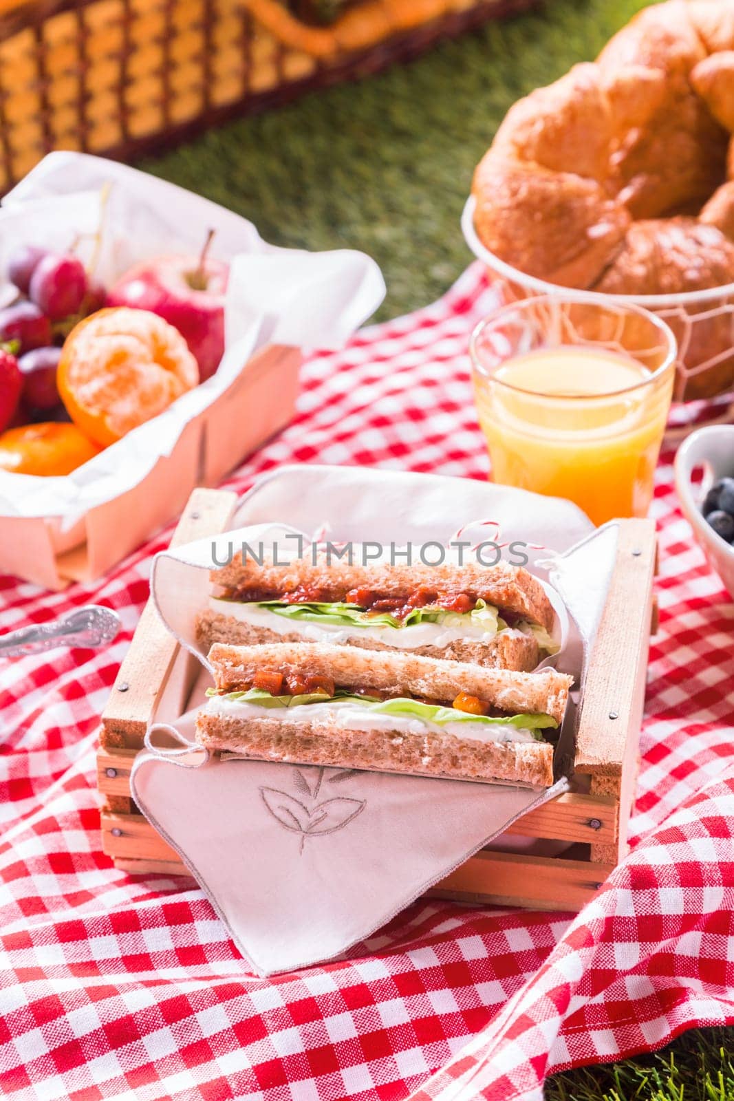 Wholesome summer picnic spread with cheese and salad sandwiches, fresh fruit, orange juice and croissants on a red and white cloth on the grass