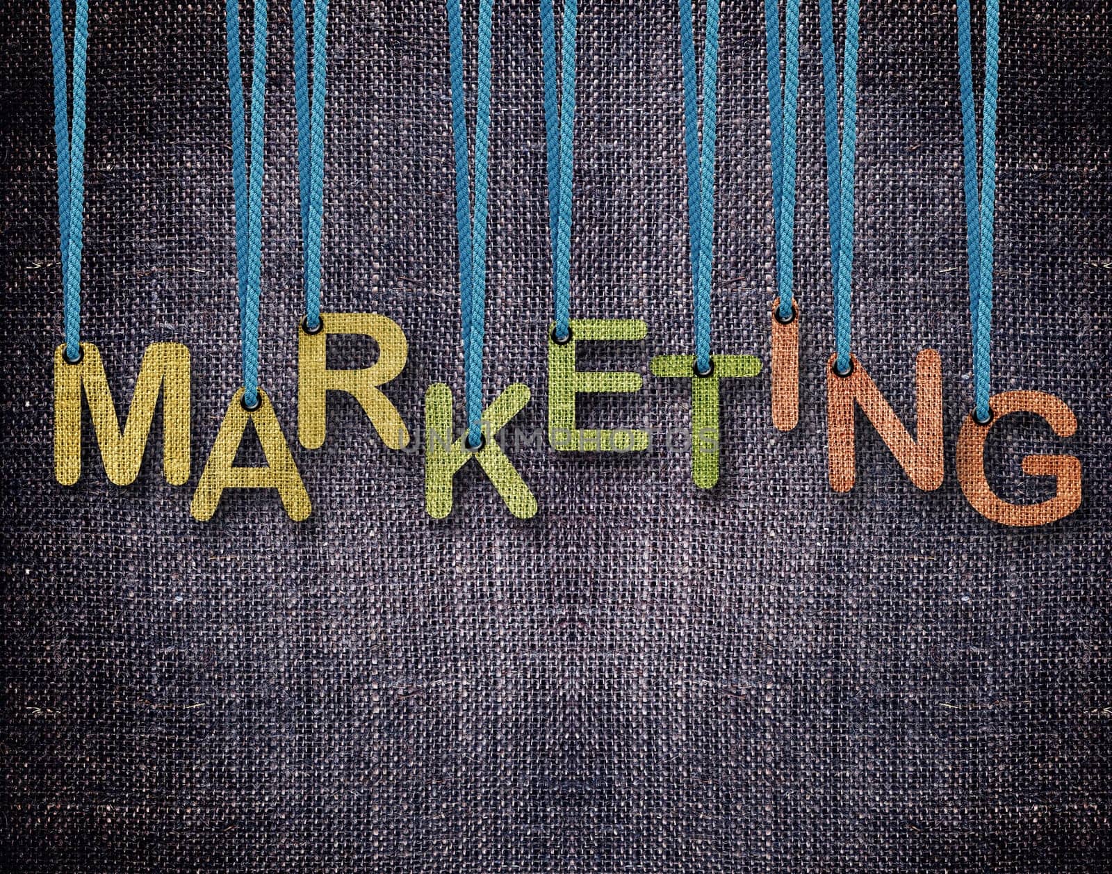 Marketing Letters hanging strings with blue sackcloth background.