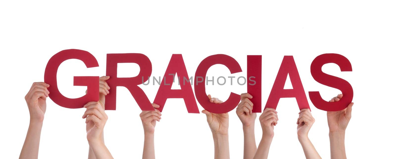 Many People Holding the Spanish Word Gracias, which means Thanks, Isolated
